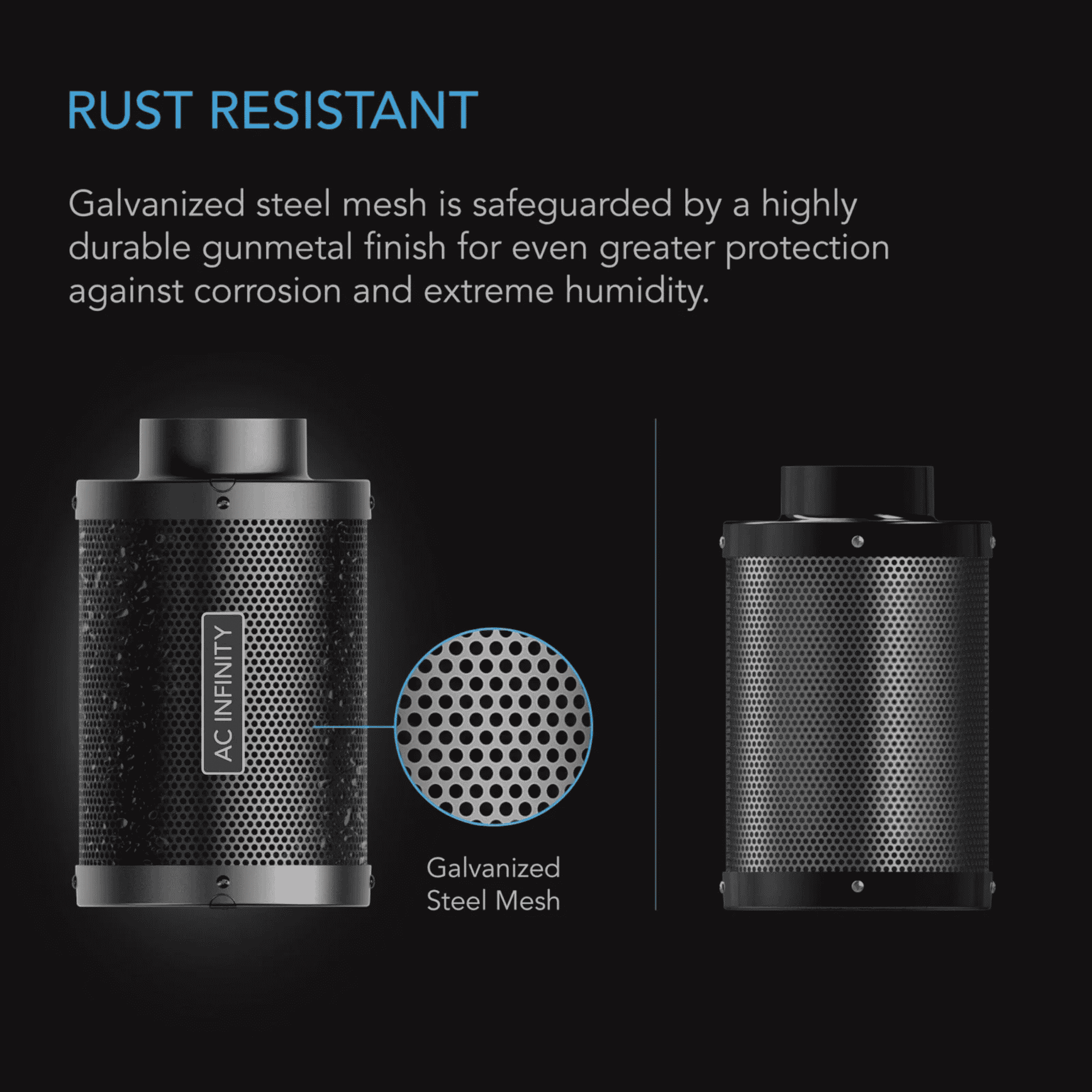 AC Infinity Carbon Filter rust resistant — durable galvanised body for humid environments