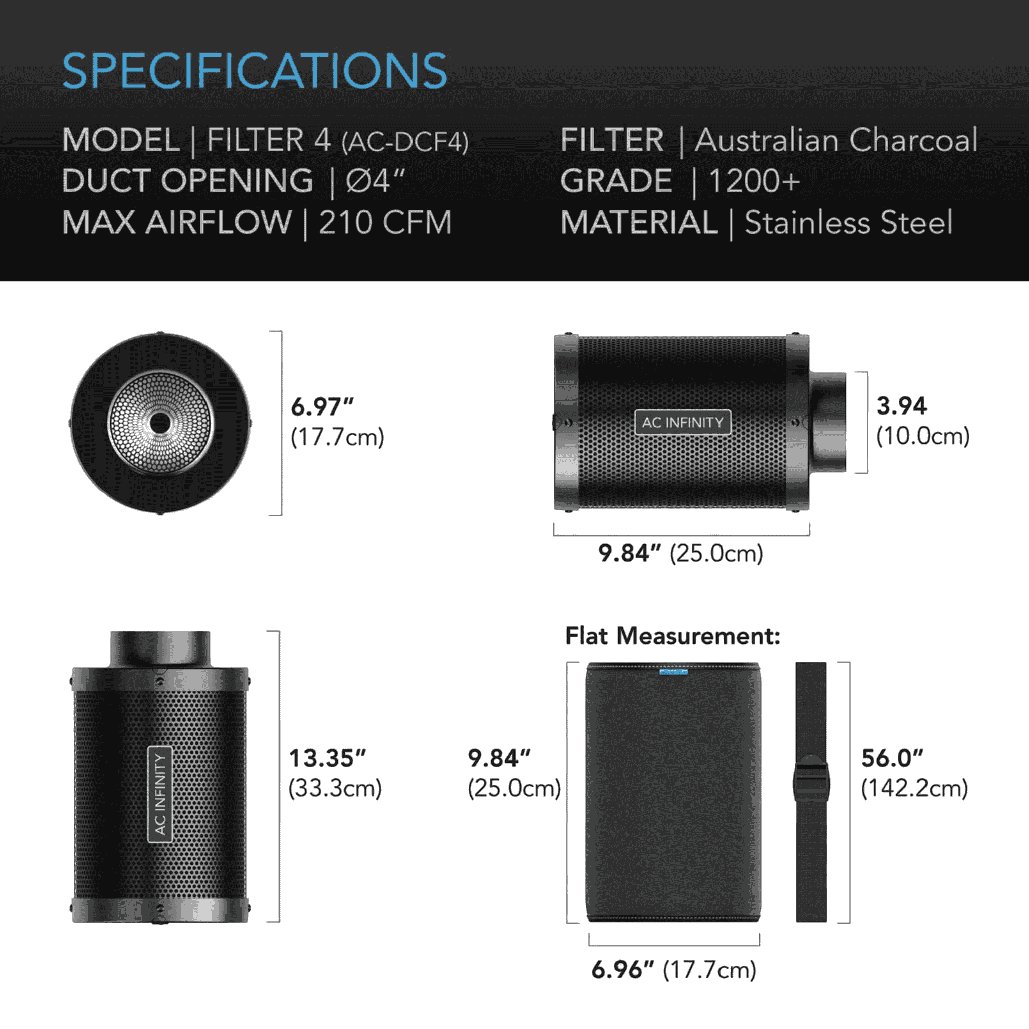 AC Infinity Carbon Filter 100mm specifications — flange diameter weight & airflow rating