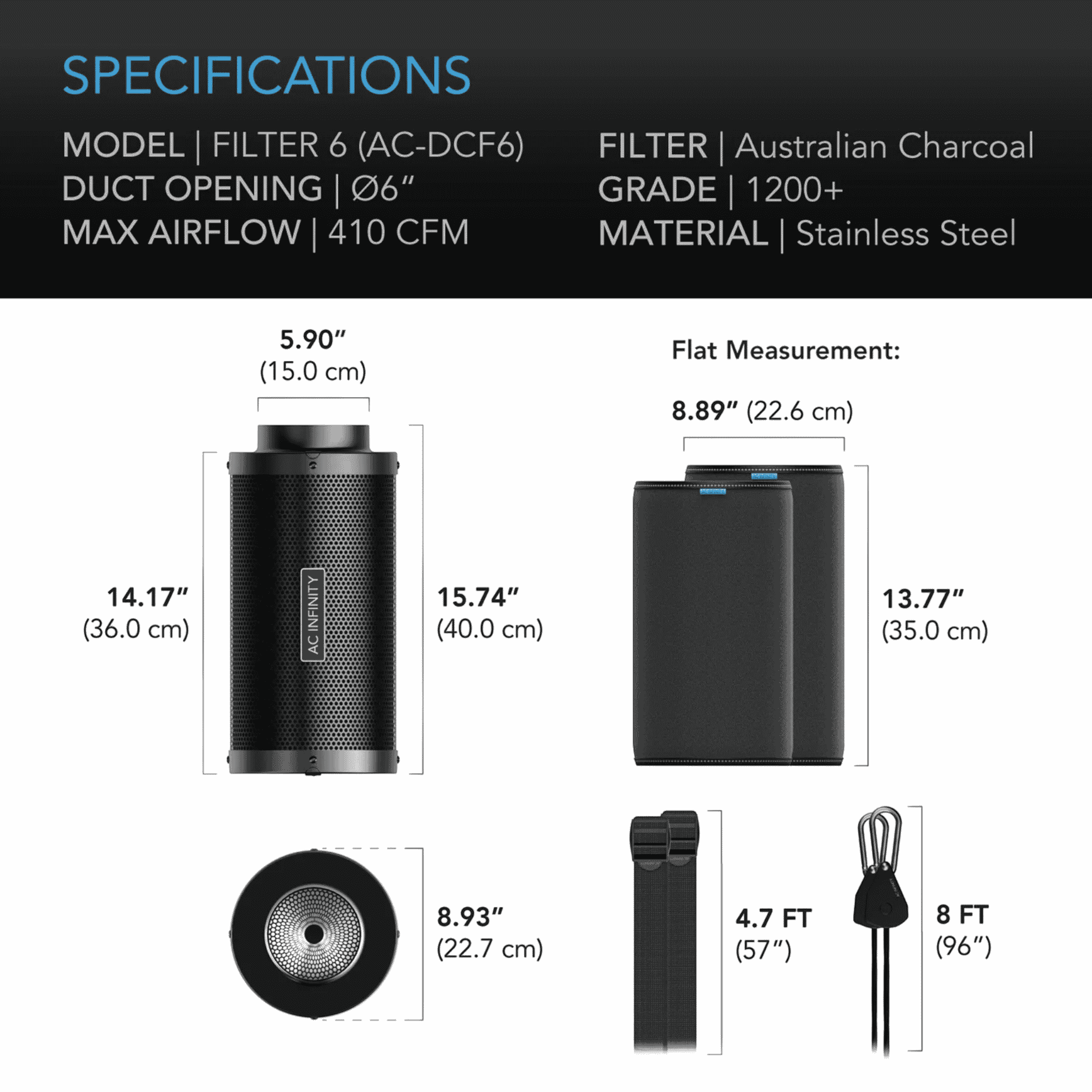 AC Infinity Carbon Filter 150mm specifications — flange diameter weight & airflow rating