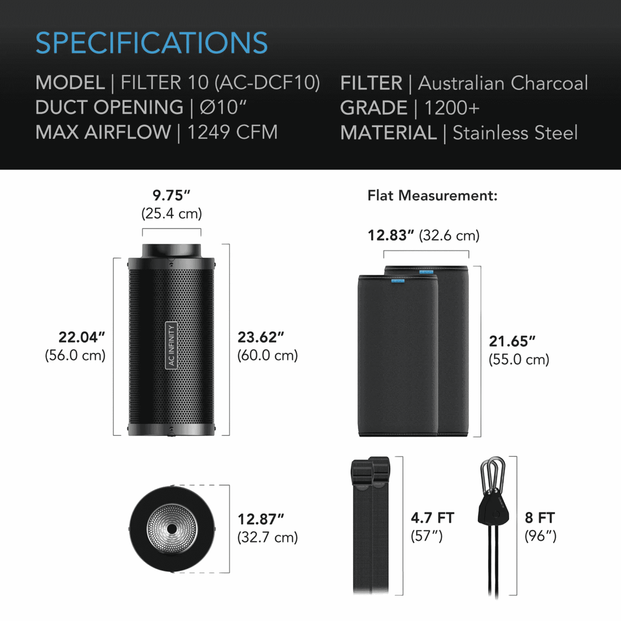 AC Infinity Carbon Filter 250mm specifications — flange diameter weight & airflow rating