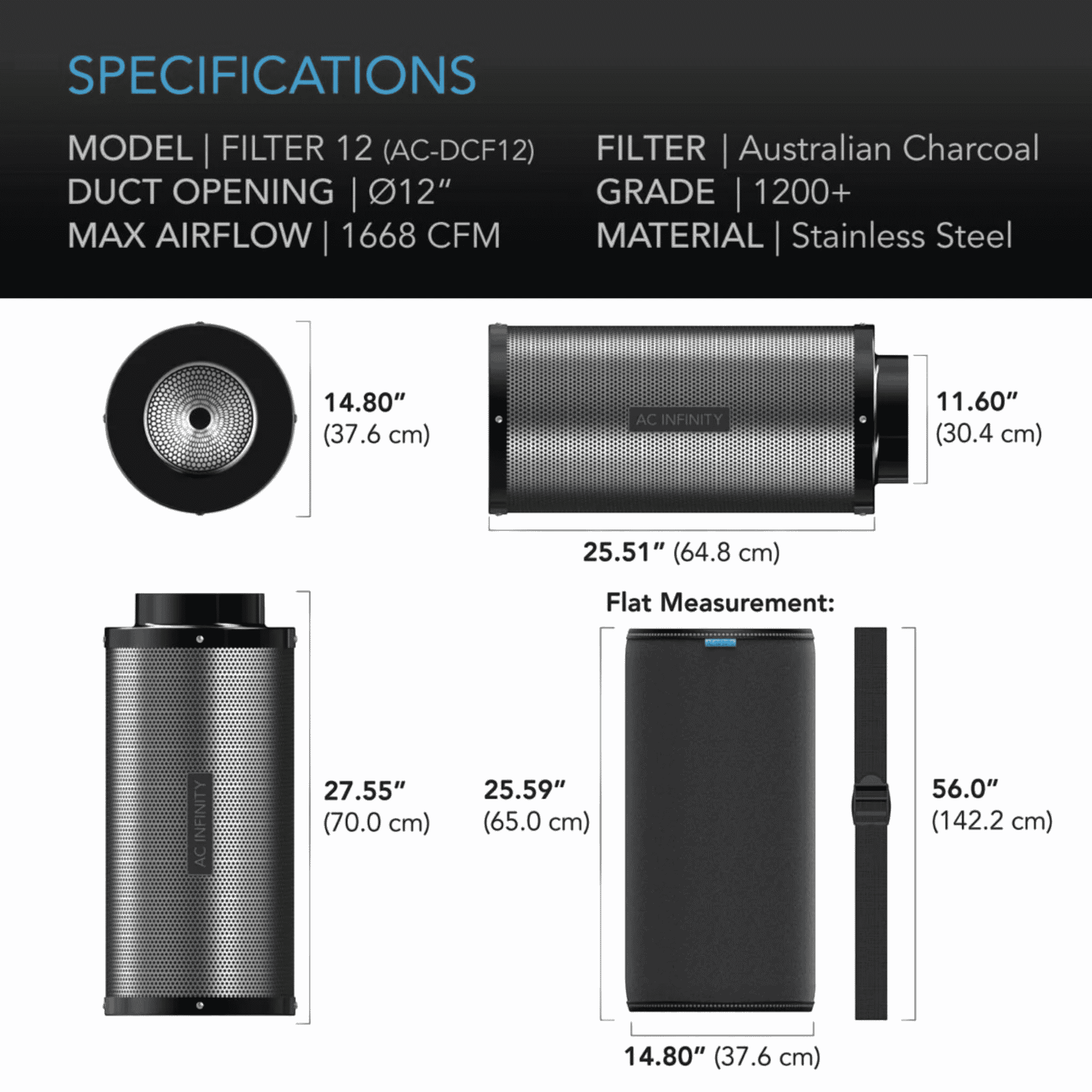 AC Infinity Carbon Filter 300mm specifications — flange diameter weight & airflow rating