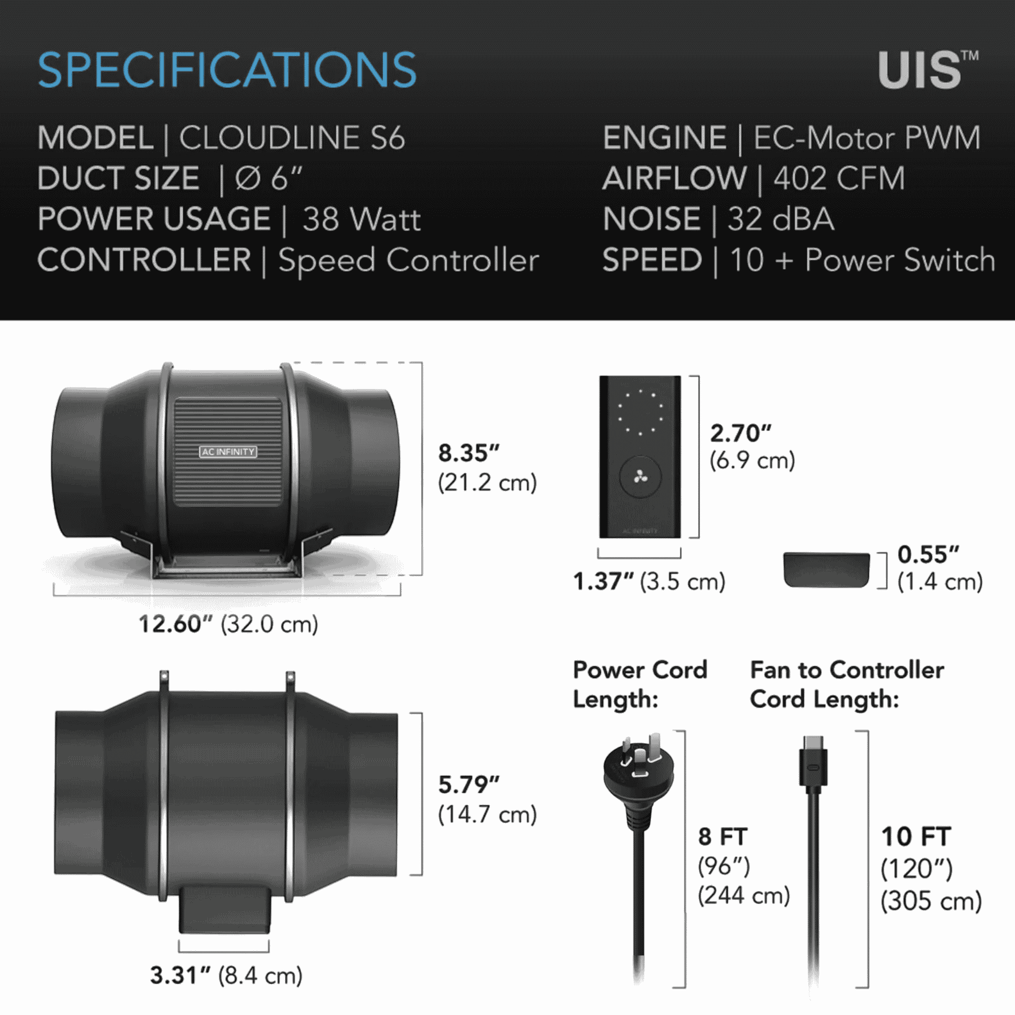 AC Infinity CLOUDLINE Pro S6 specifications — airflow CFM static pressure & noise rating