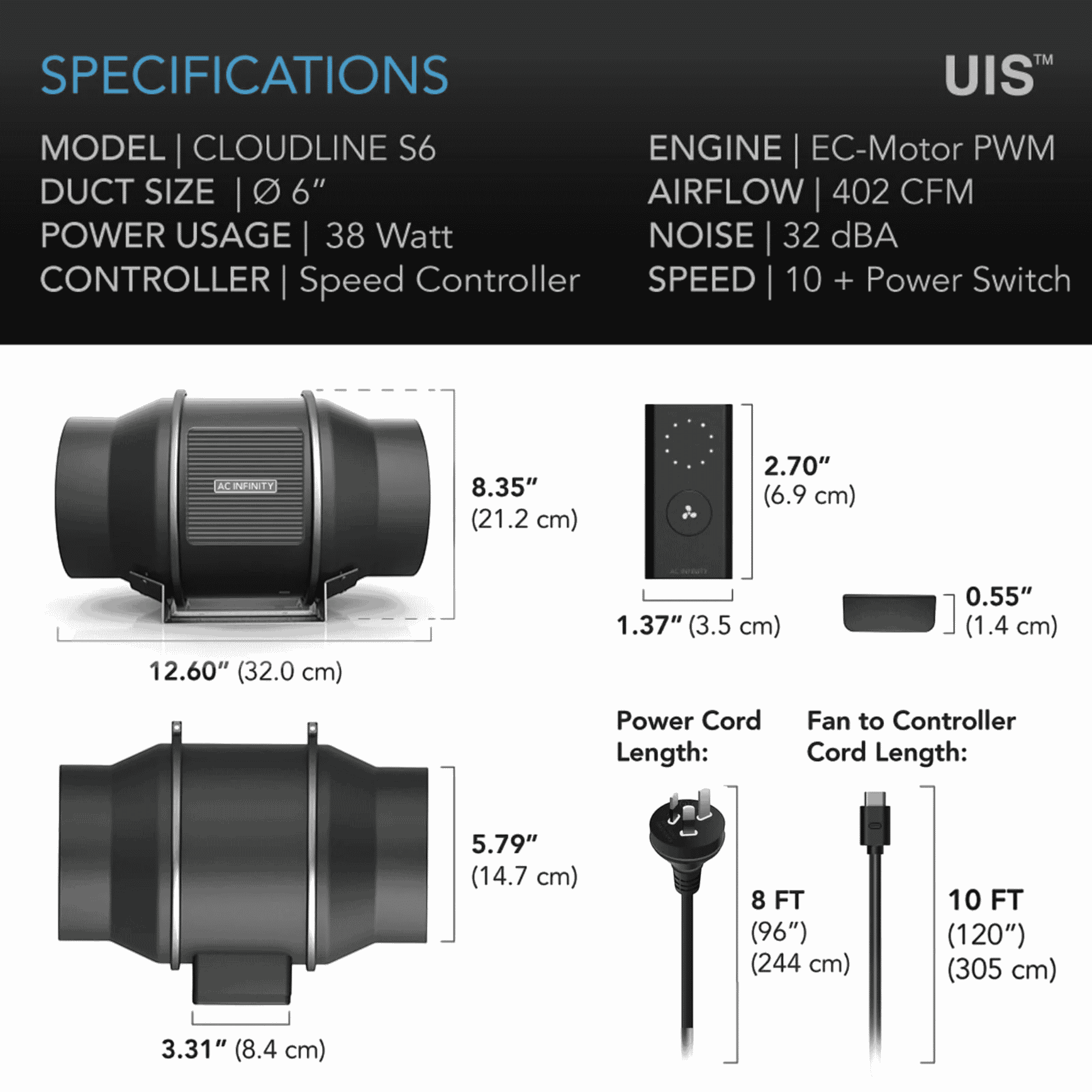 AC Infinity CLOUDLINE Pro S6 specifications — airflow CFM static pressure & noise rating