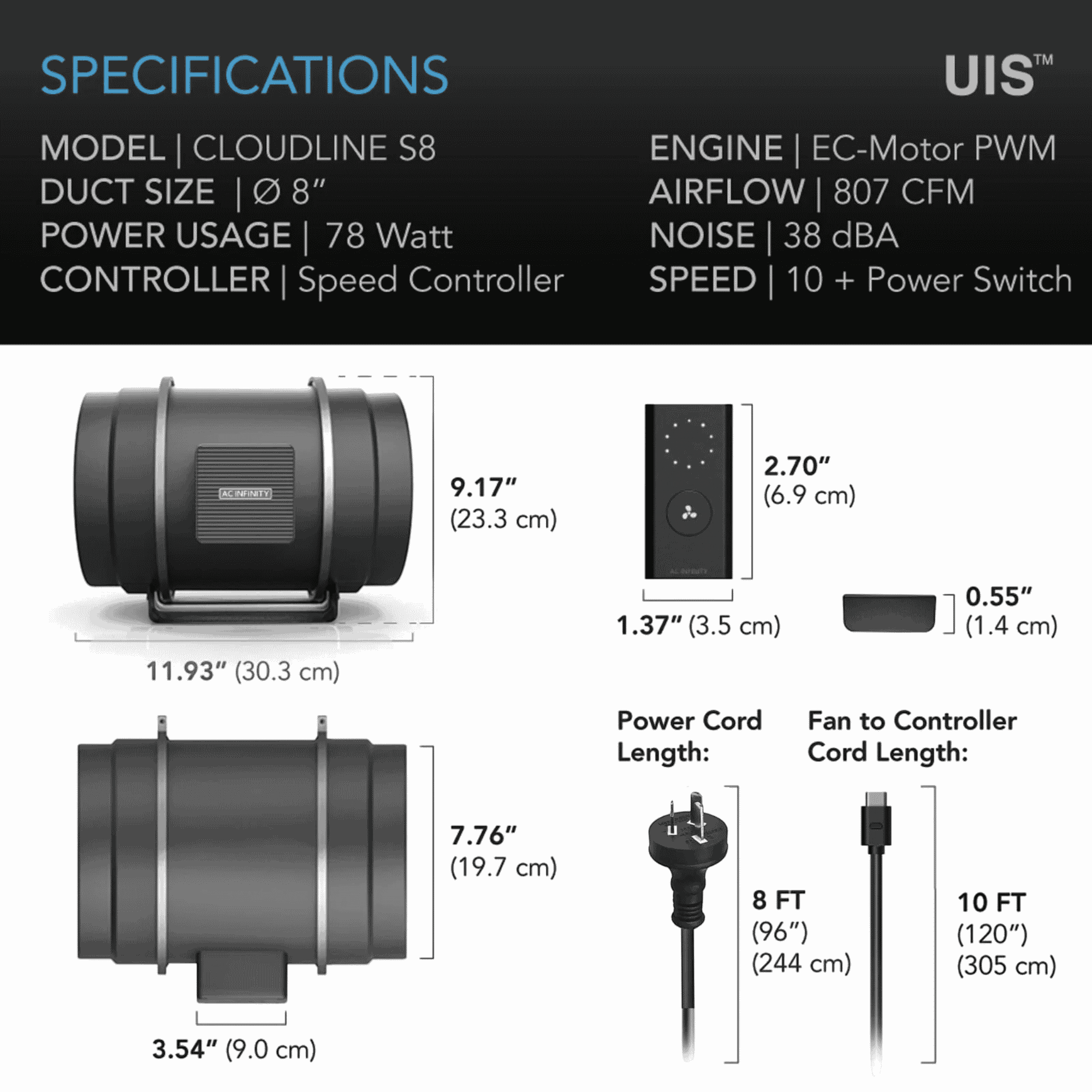 AC Infinity CLOUDLINE Pro S8 specifications — airflow CFM static pressure & noise rating