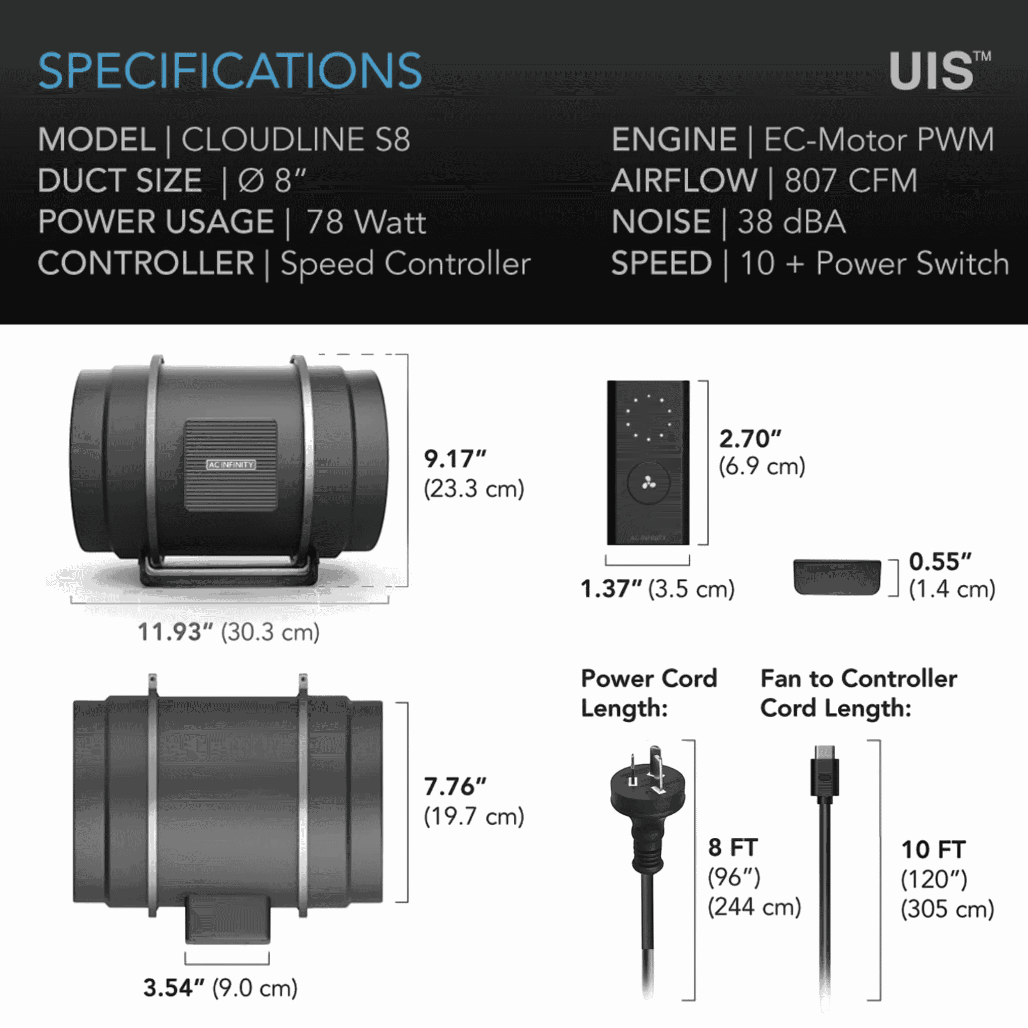 AC Infinity CLOUDLINE Pro S8 specifications — airflow CFM static pressure & noise rating
