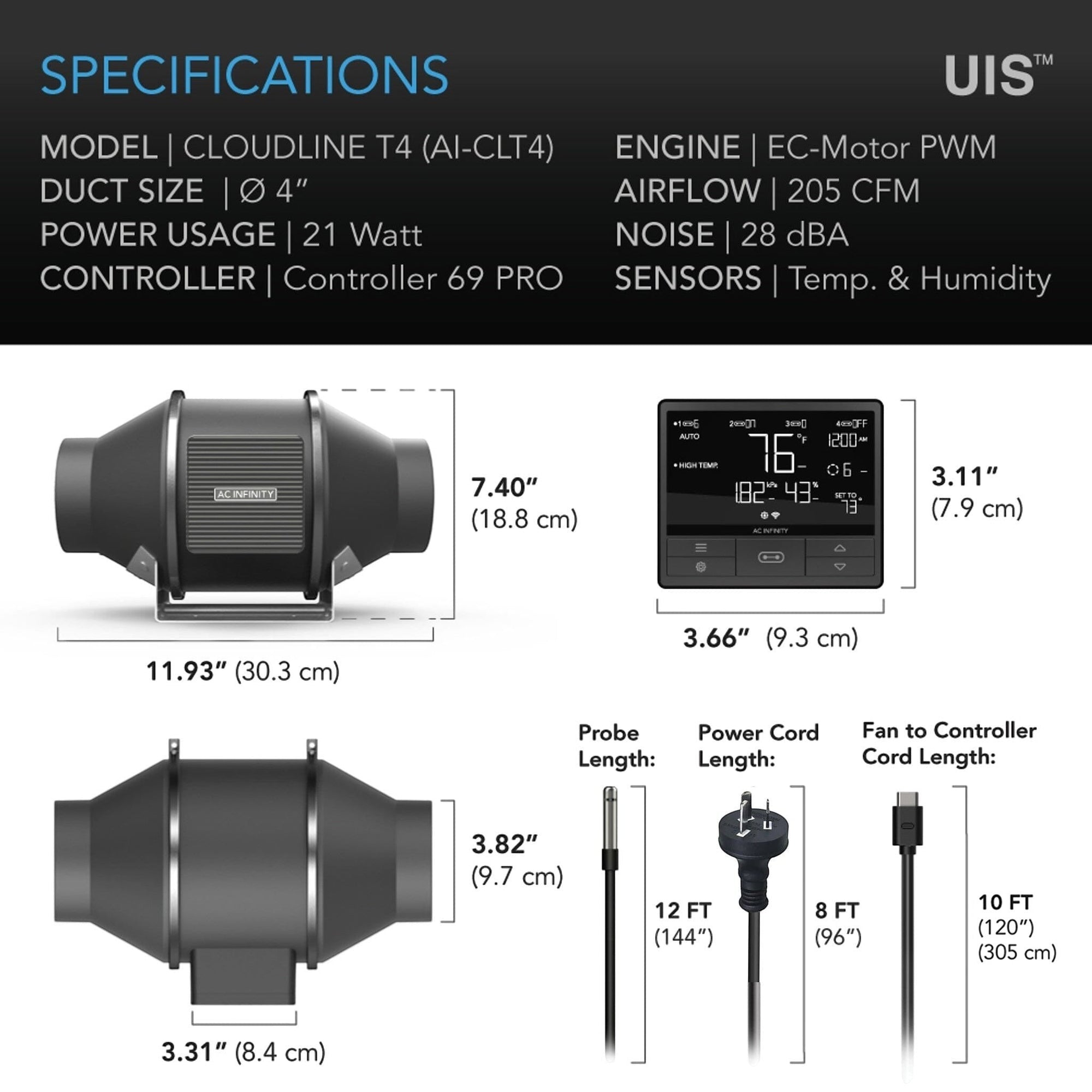 AC Infinity CLOUDLINE Pro T4 specifications — airflow CFM static pressure & noise rating