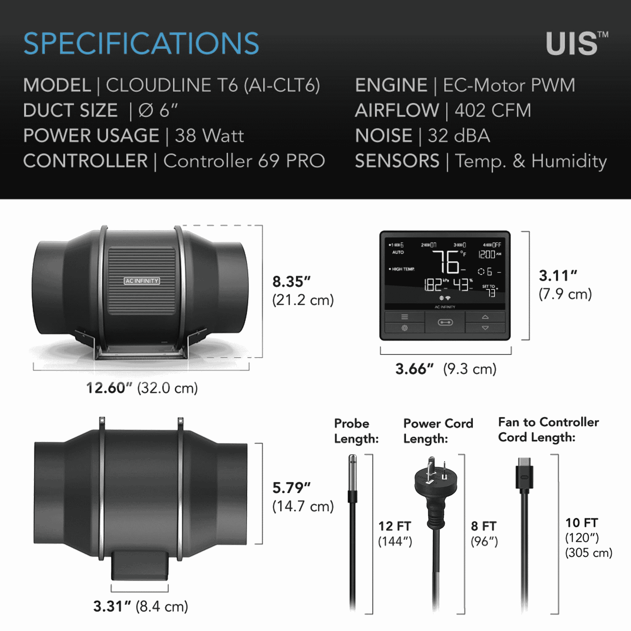 AC Infinity CLOUDLINE Pro T6 specifications — airflow CFM static pressure & noise rating
