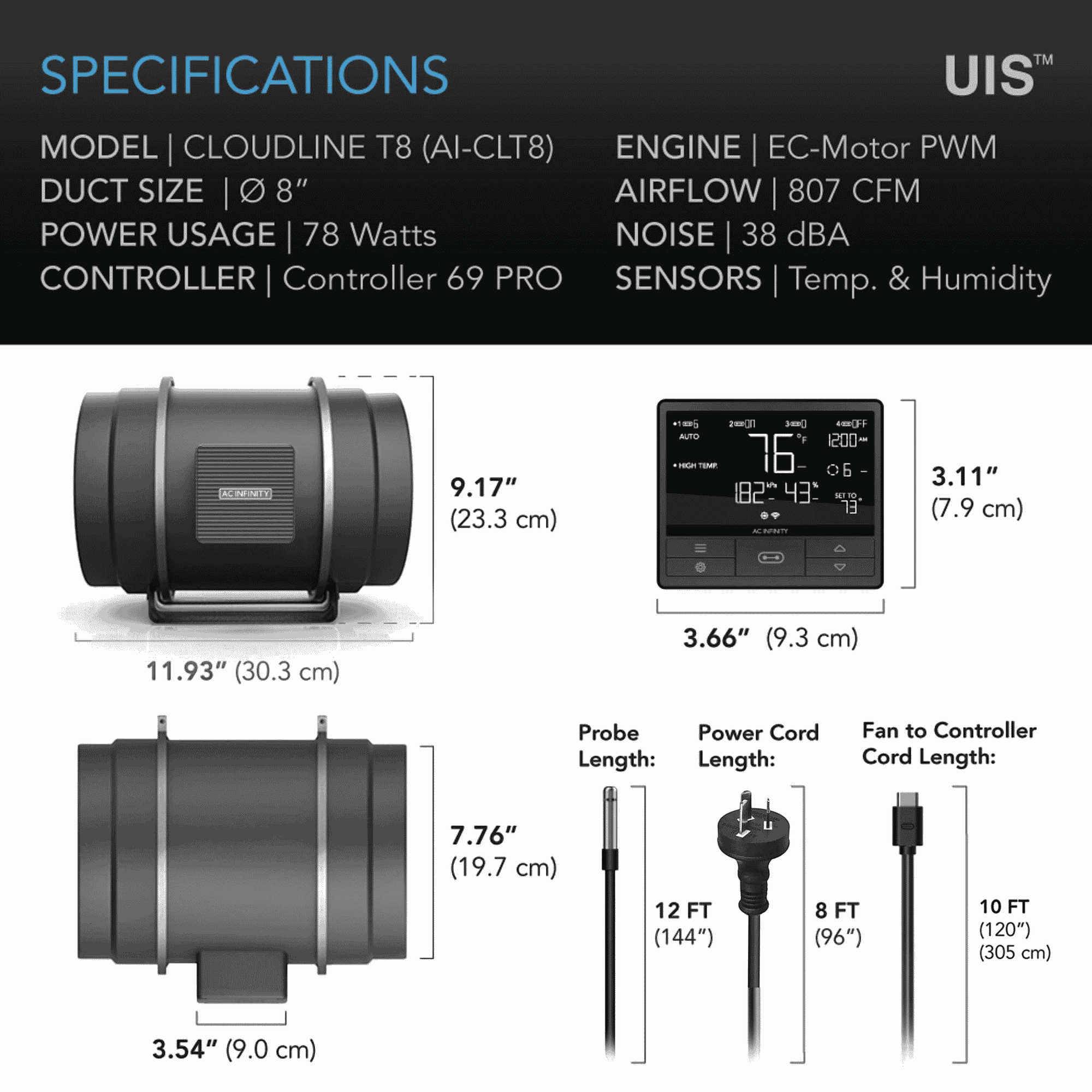 AC Infinity CLOUDLINE Pro T8 specifications — airflow CFM static pressure & noise rating