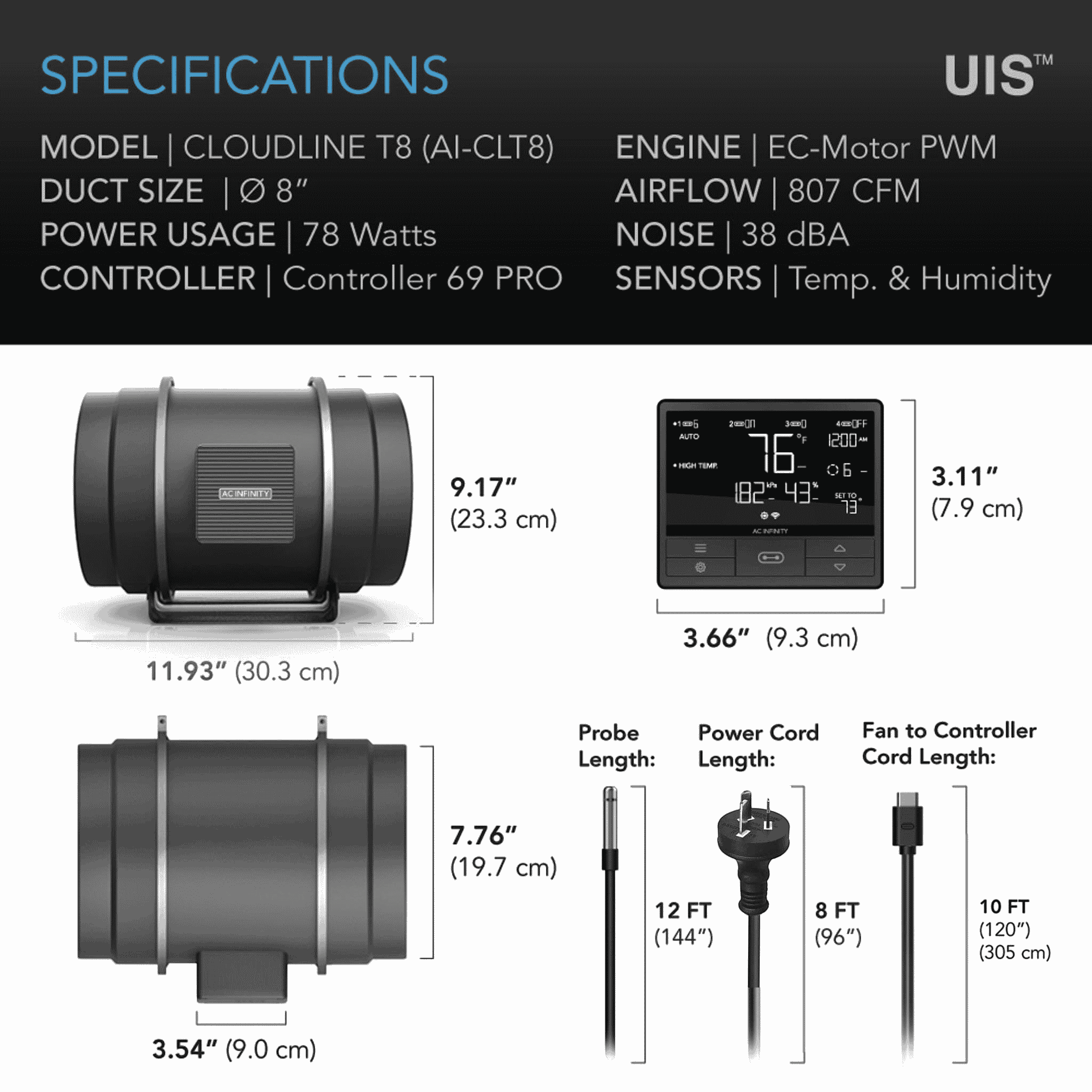 AC Infinity CLOUDLINE Pro T8 specifications — airflow CFM static pressure & noise rating