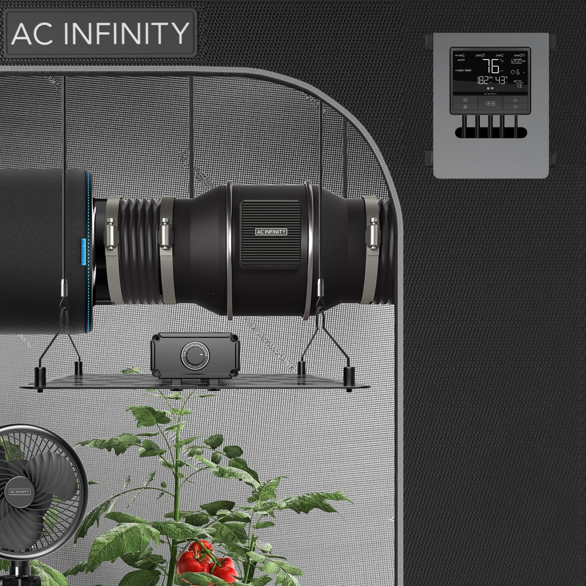 AC Infinity CLOUDLINE Pro T concept art — mixed-flow inline fan in grow tent setup