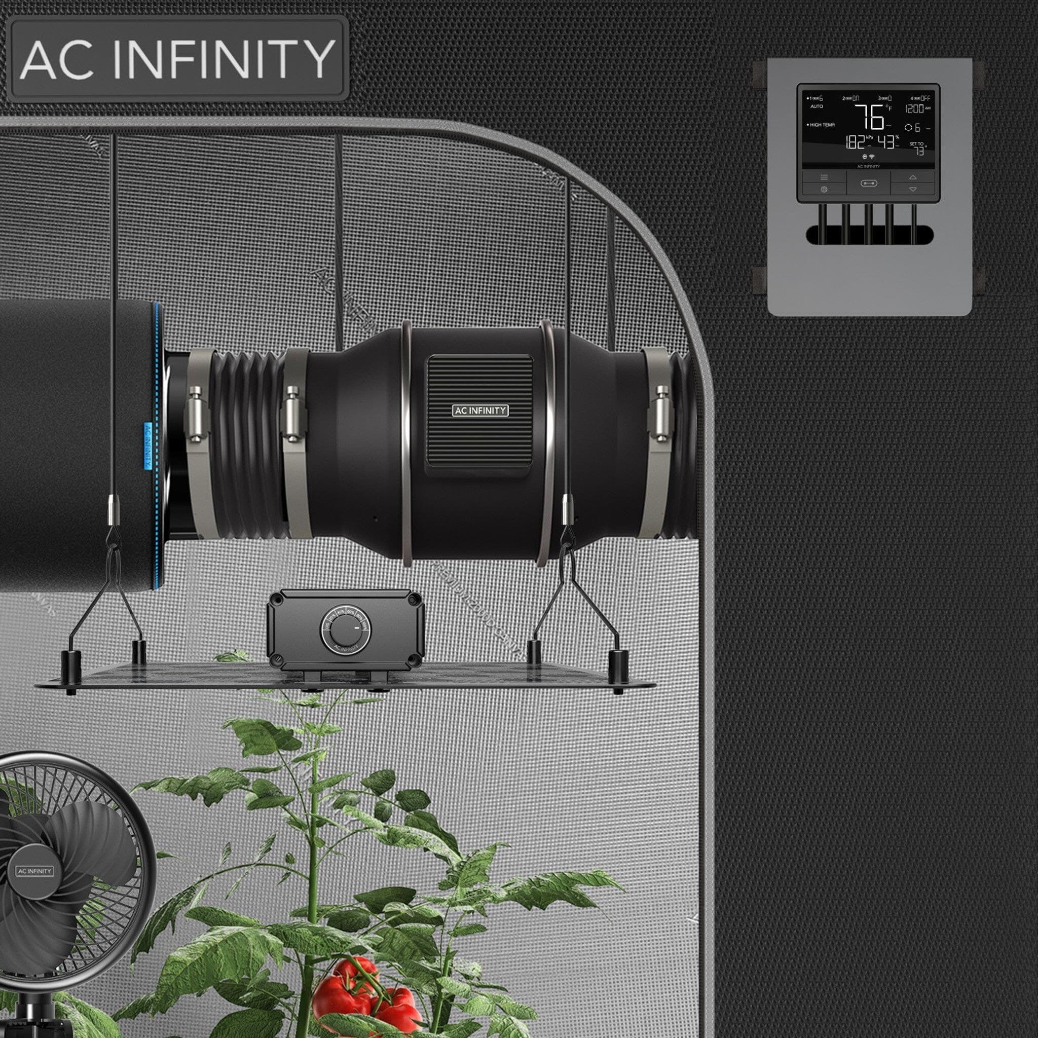 AC Infinity CLOUDLINE Pro T concept art — mixed-flow inline fan in grow tent setup