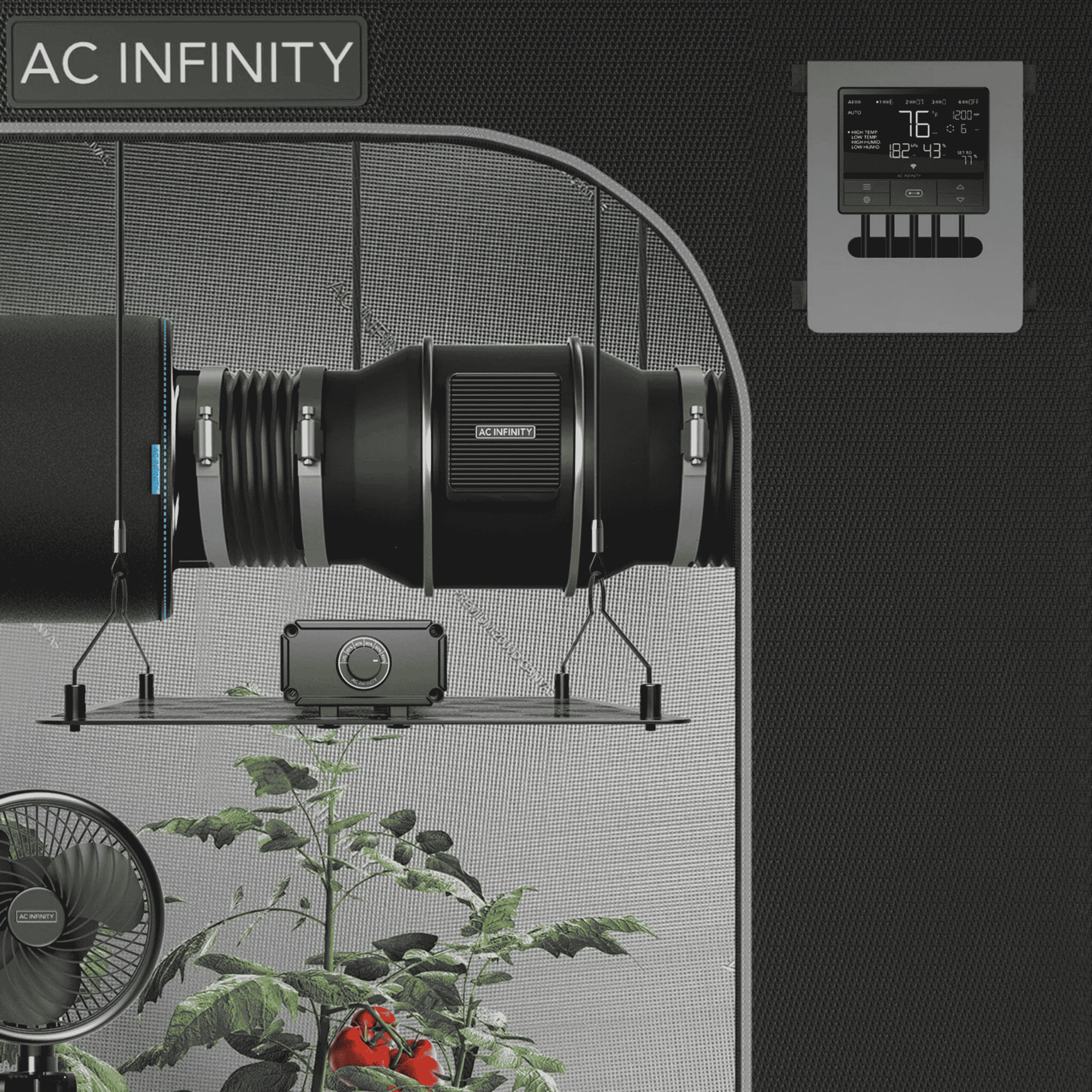 AC Infinity Controller 69 Pro concept art — 4-port UIS controller in grow room context