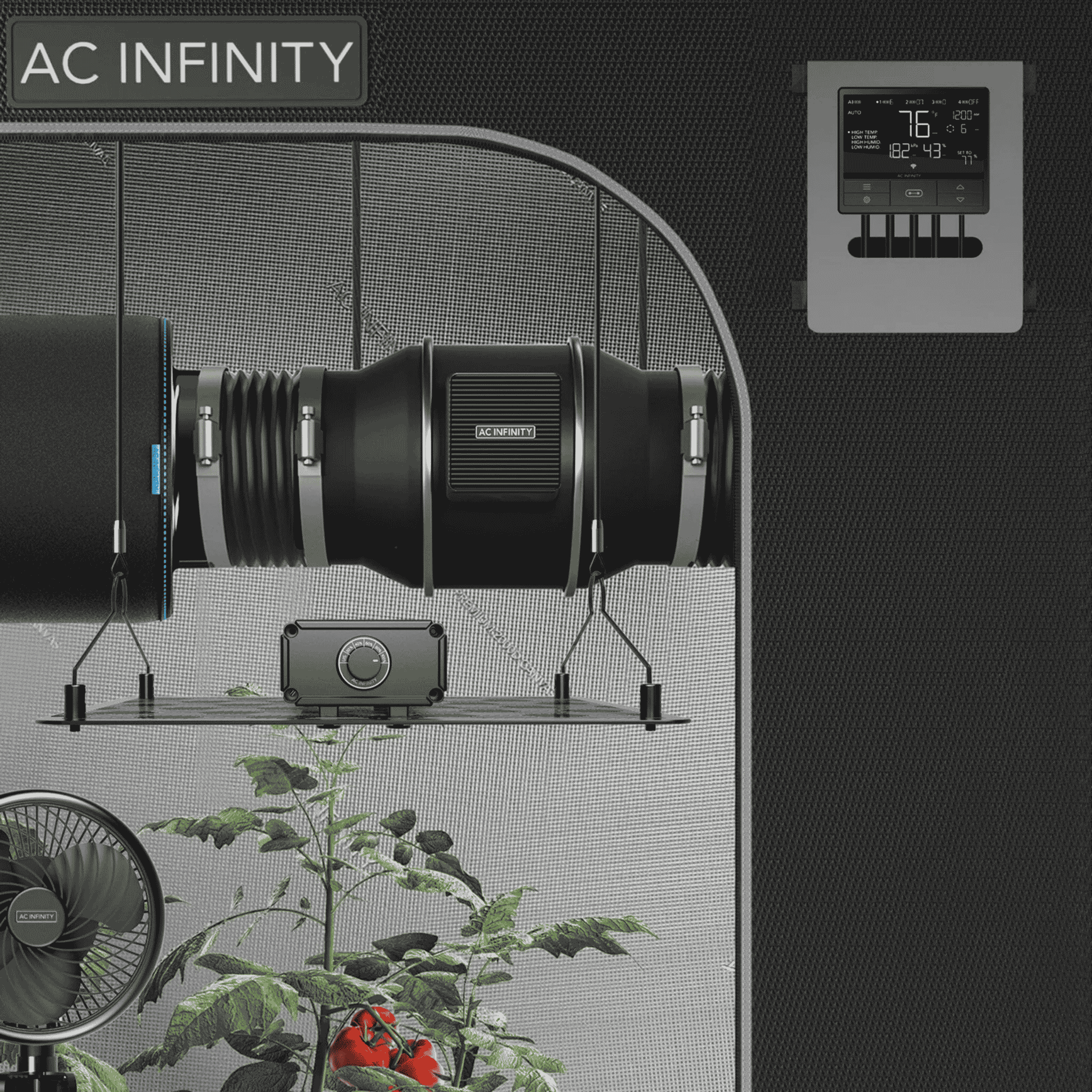 AC Infinity Controller 69 Pro concept art — 4-port UIS controller in grow room context