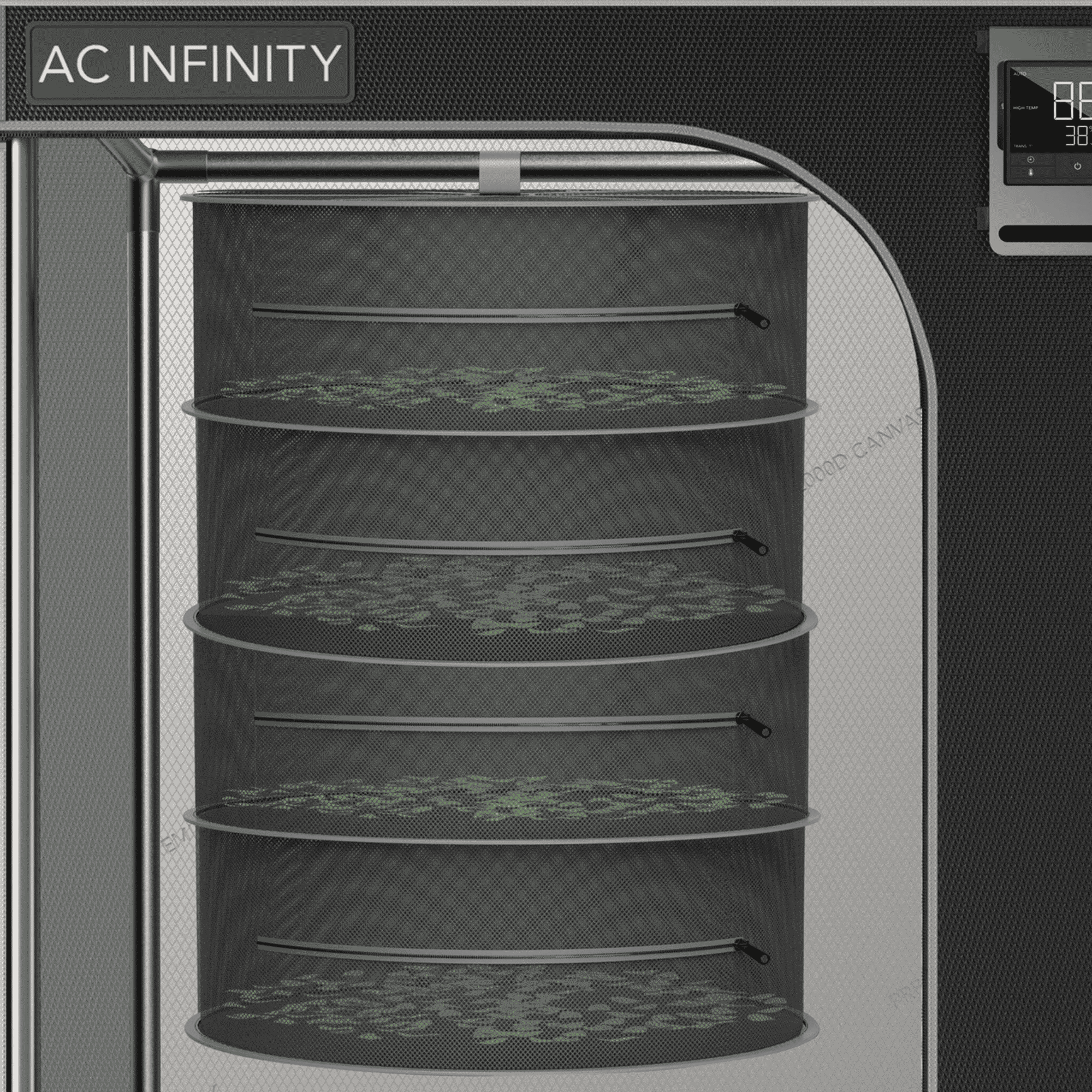 AC Infinity Drying Rack concept art — multi-tier mesh rack in drying room context
