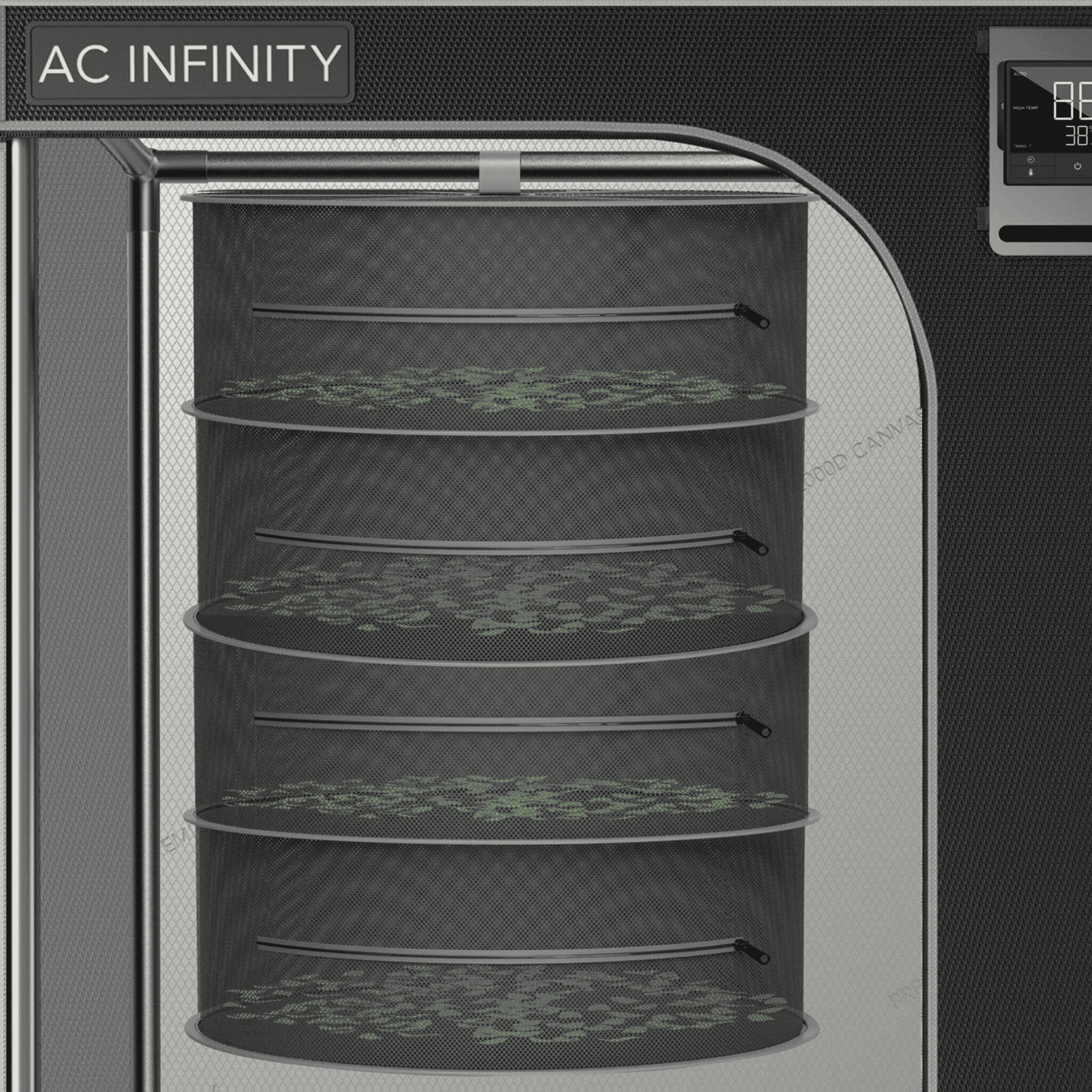 AC Infinity Drying Rack concept art — multi-tier mesh rack in drying room context