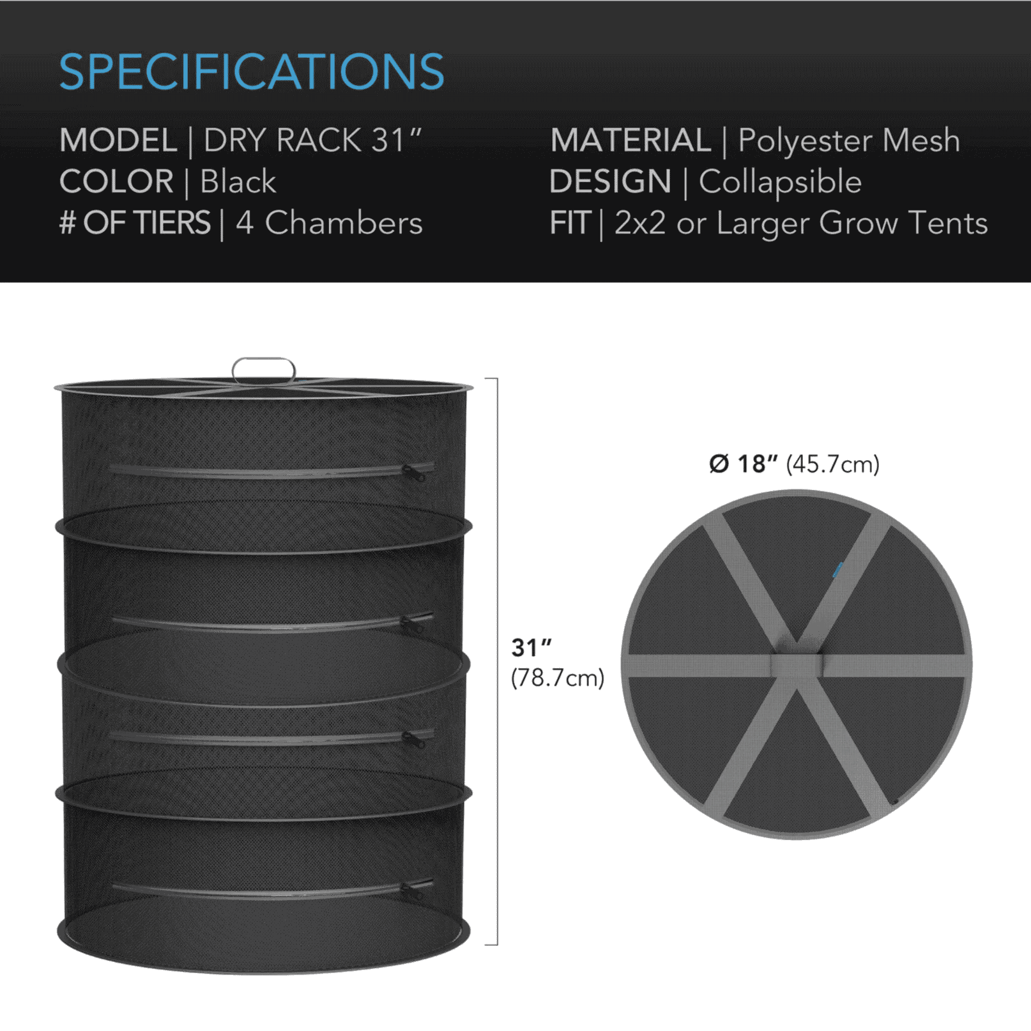 AC Infinity Drying Rack 44" specifications — tier count diameter & weight capacity