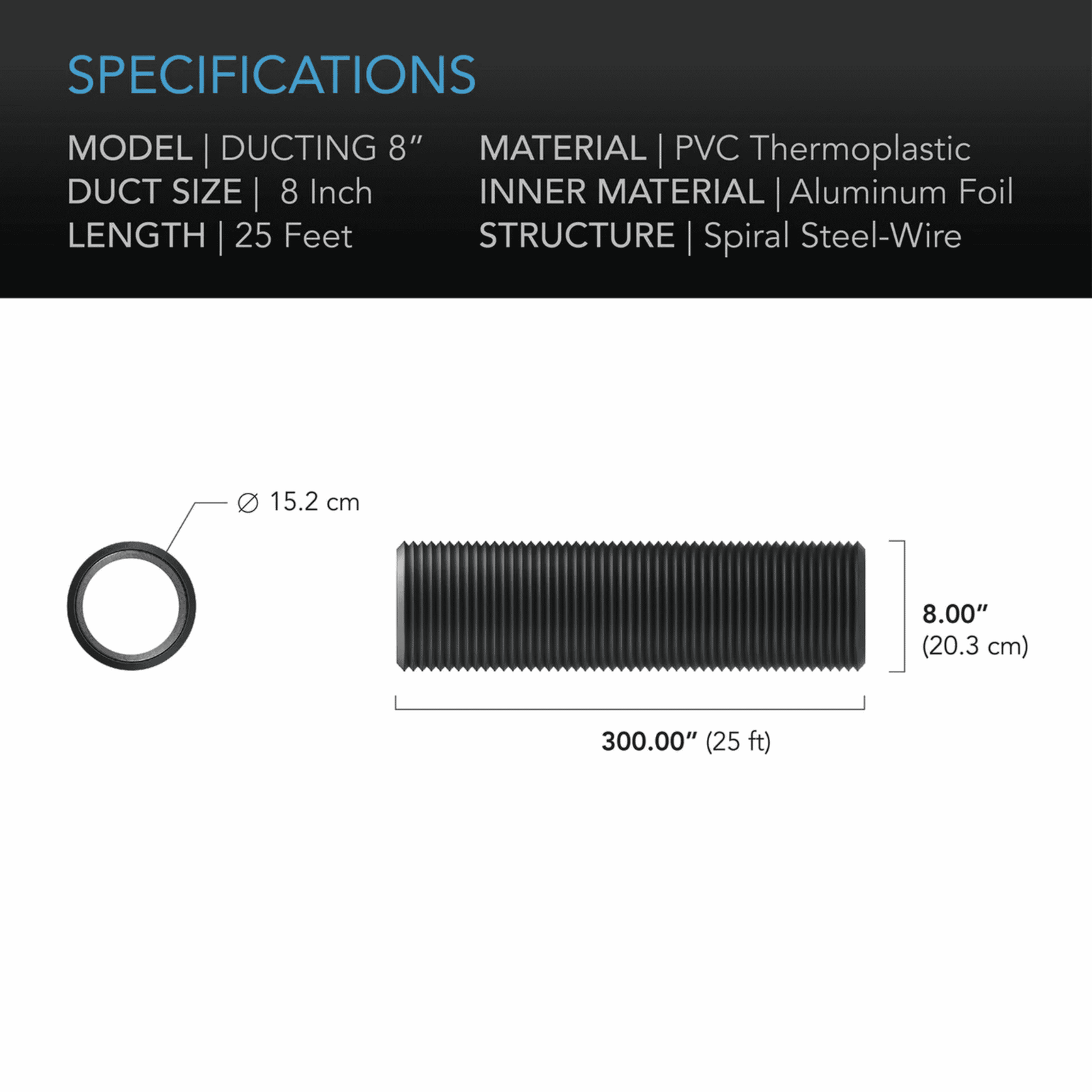 AC Infinity Ducting 200mm 7.6m specifications — diameter length & build details