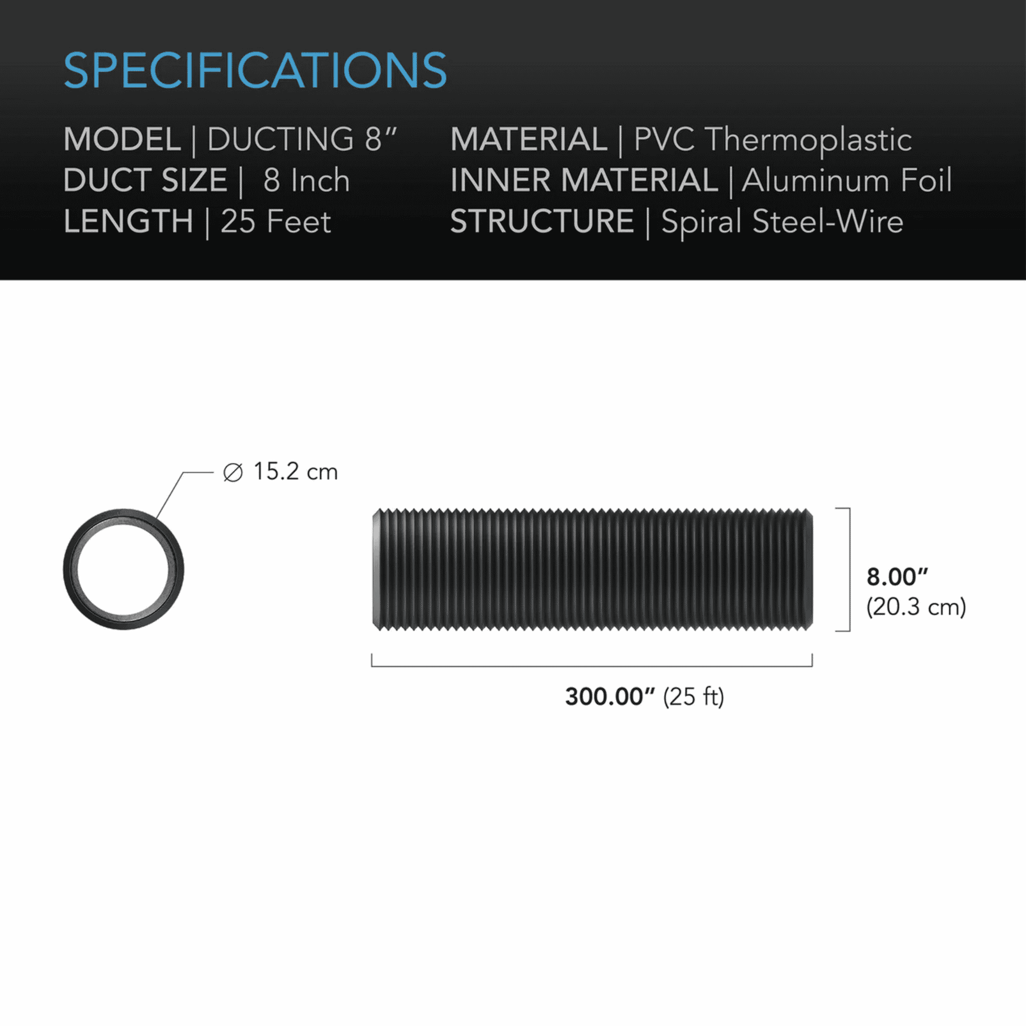 AC Infinity Ducting 200mm 7.6m specifications — diameter length & build details