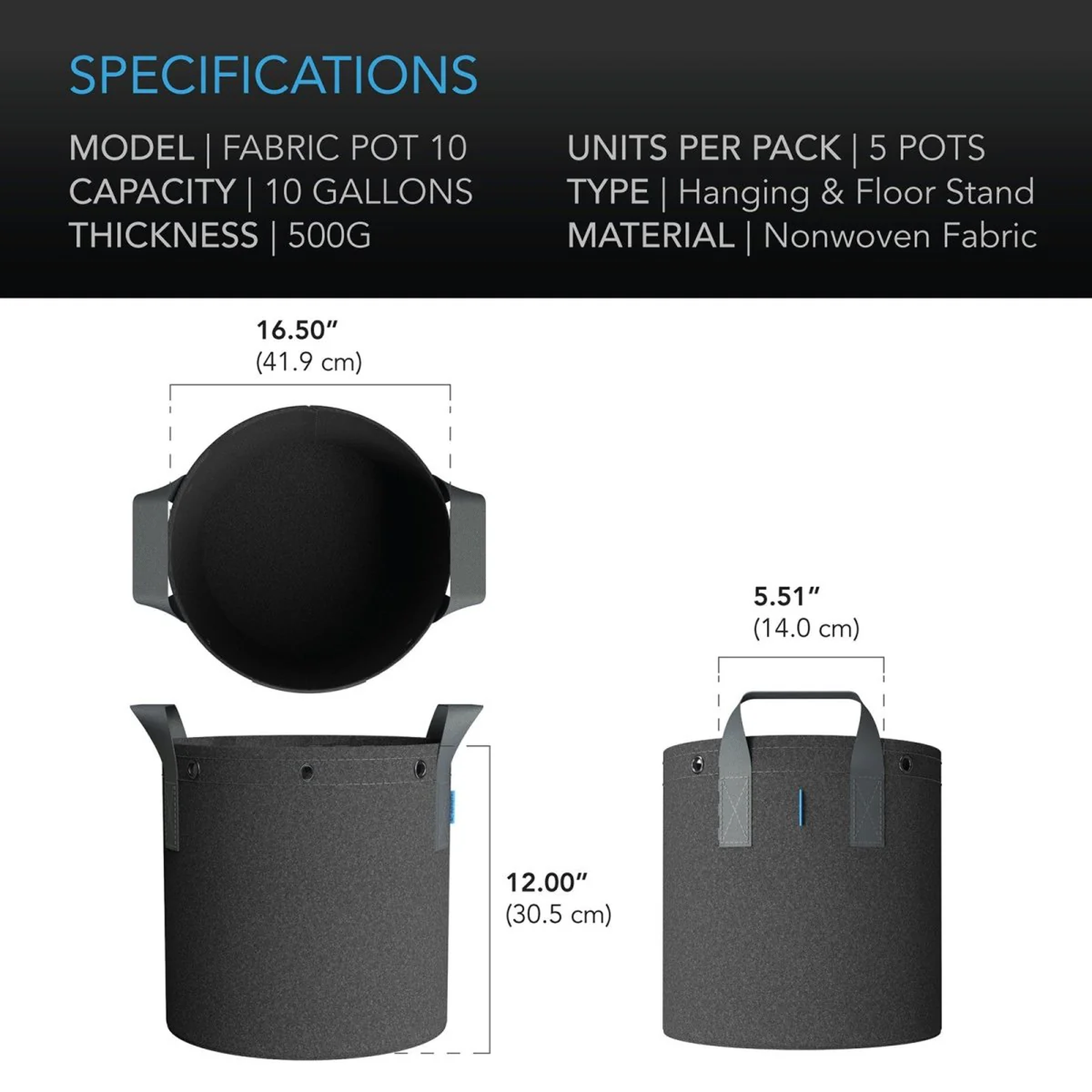 AC Infinity Fabric Pots — 5PK 10 Gallon — Specifications