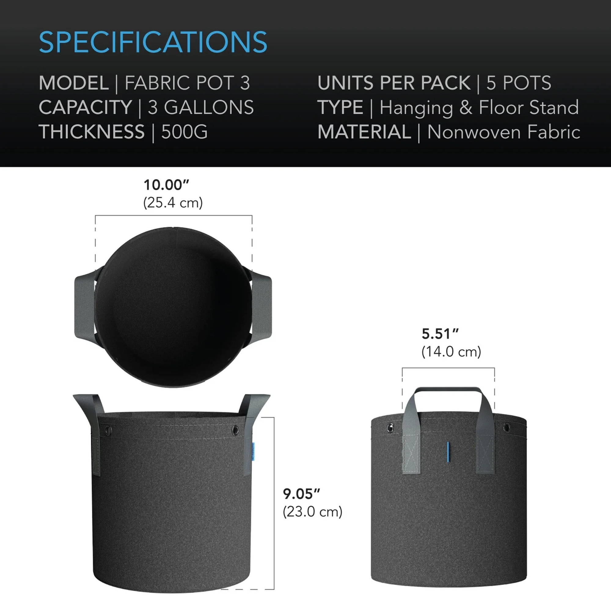 AC Infinity Fabric Pots — 5PK 3 Gallon — Specifications