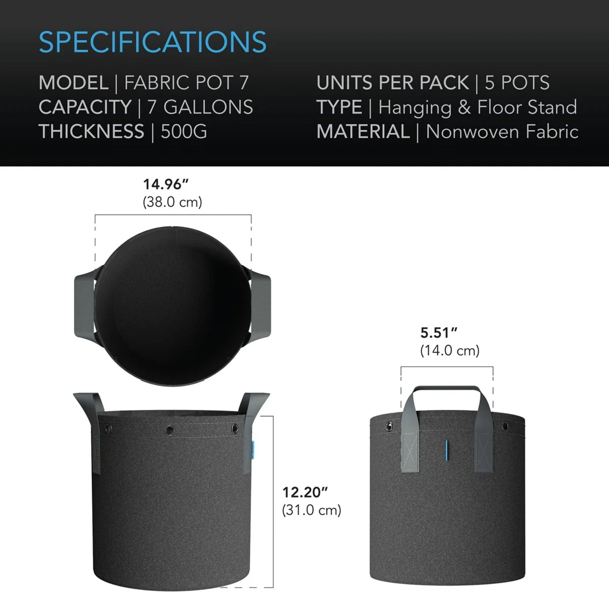 AC Infinity Fabric Pots — 5PK 7 Gallon — Specifications