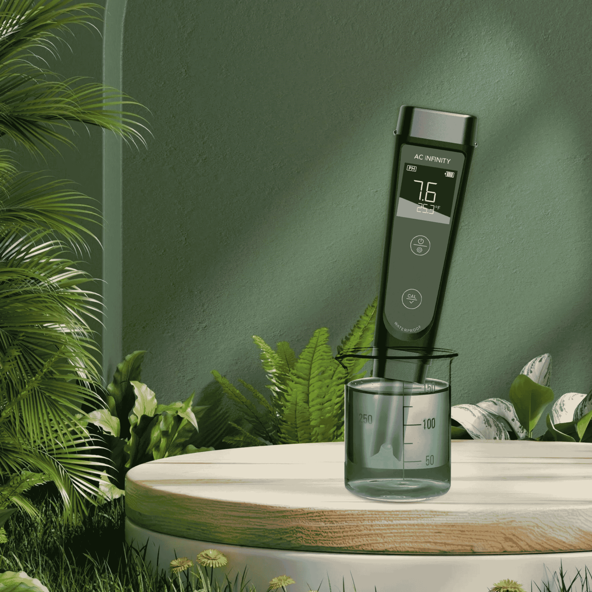 AC Infinity Hydroponic Meter PRO Kit concept art — handheld pen in reservoir context