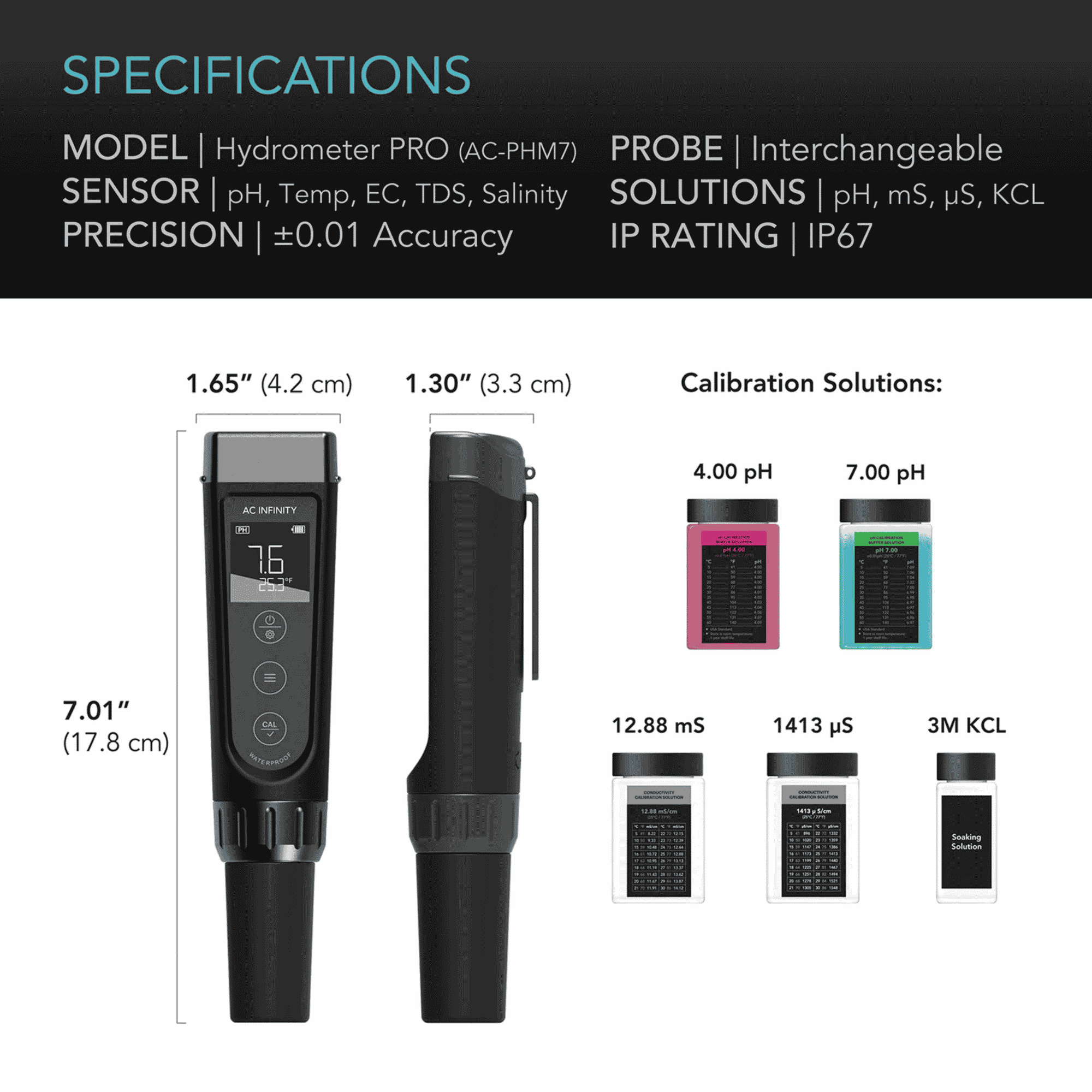 AC Infinity Hydroponic Meter PRO Kit specifications — measurement ranges & accuracy details