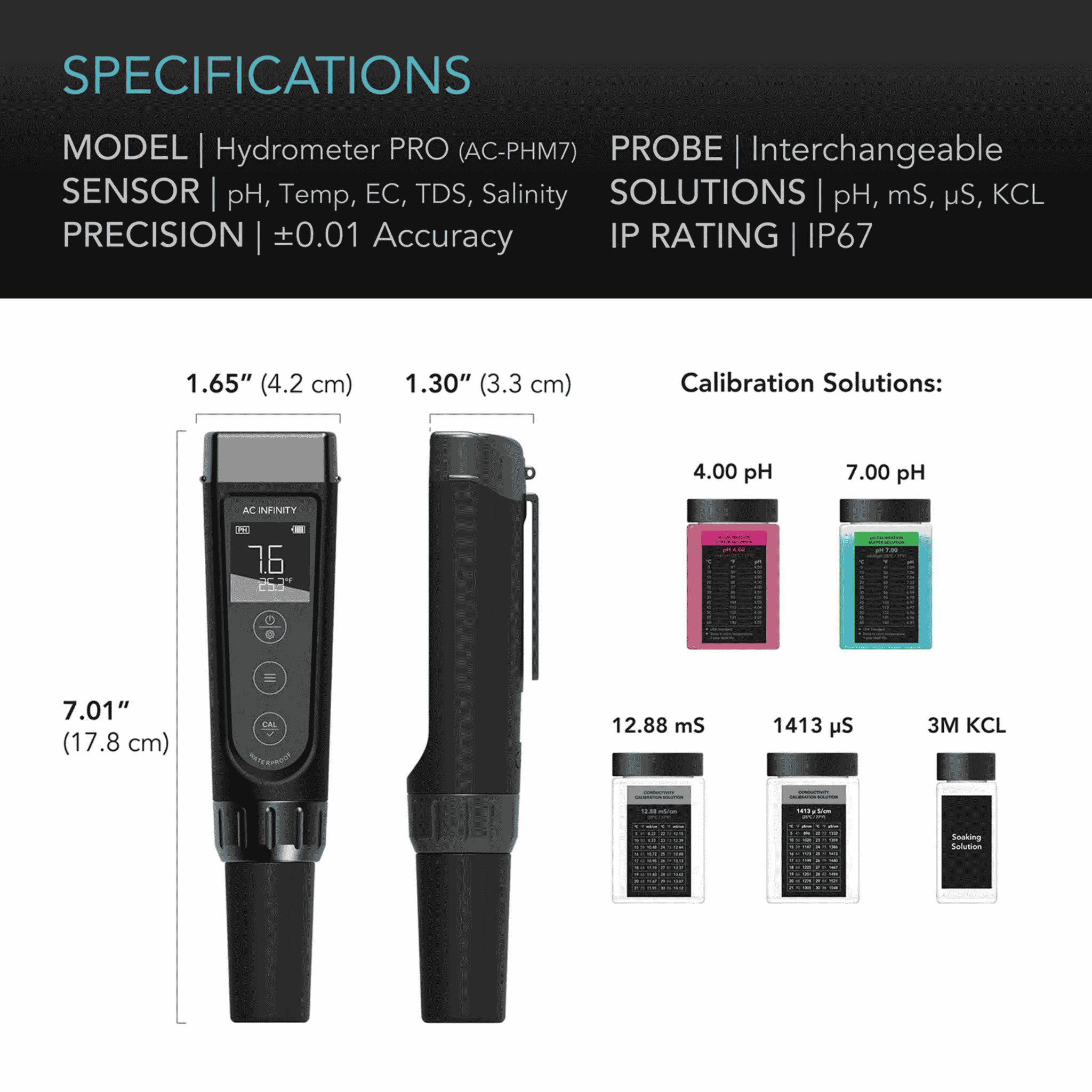 AC Infinity Hydroponic Meter PRO Kit specifications — measurement ranges & accuracy details