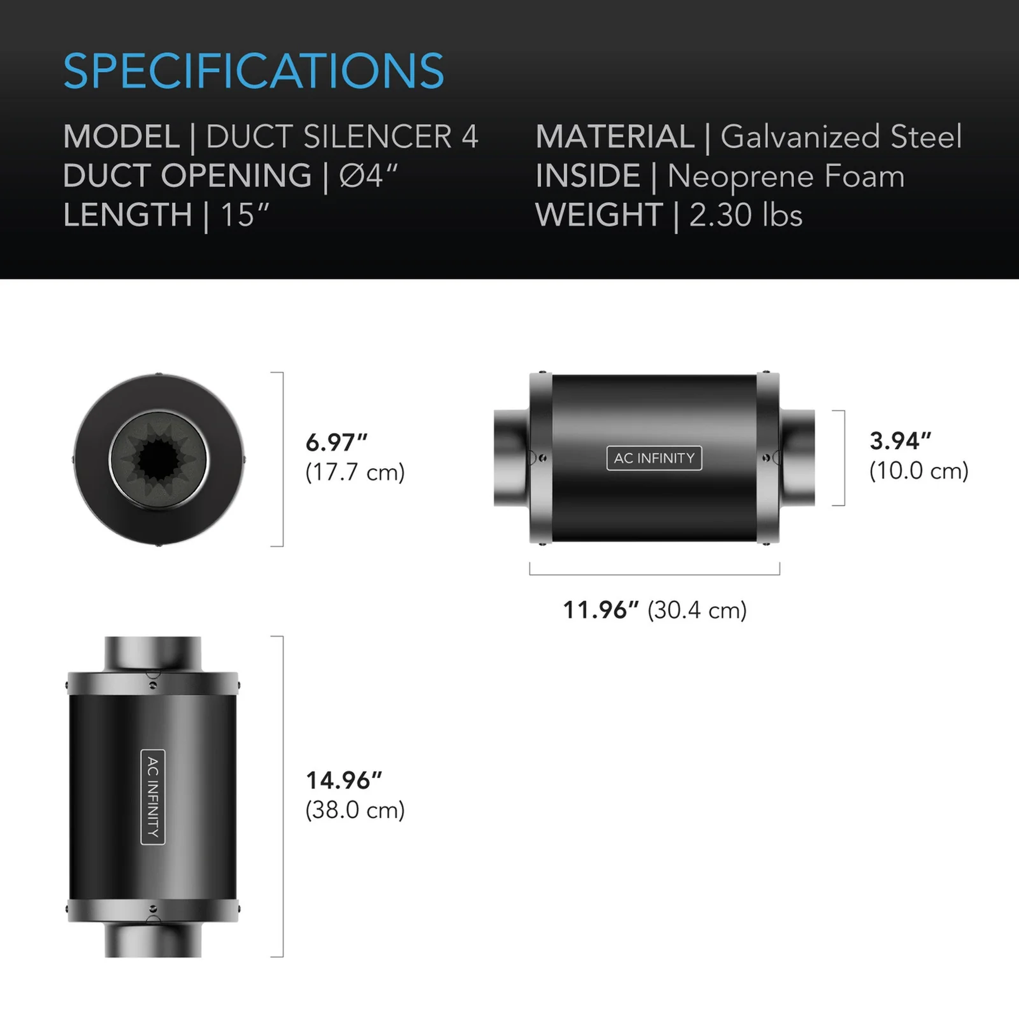 AC Infinity Inline Fan Silencer 100mm — Specifications
