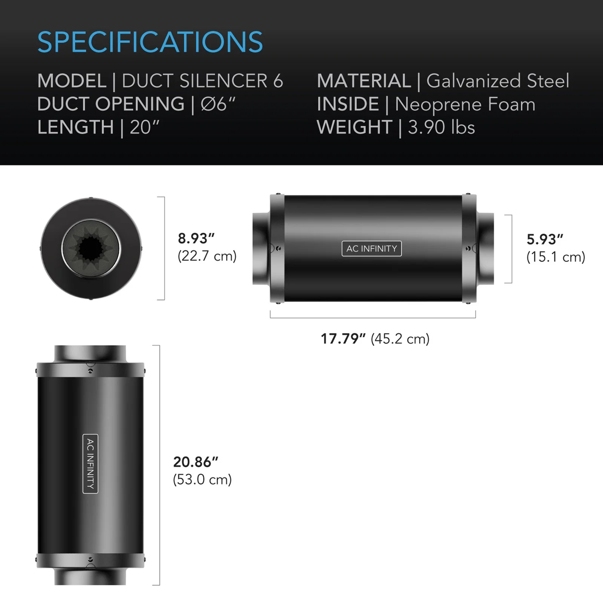 AC Infinity Inline Fan Silencer 150mm — Specifications