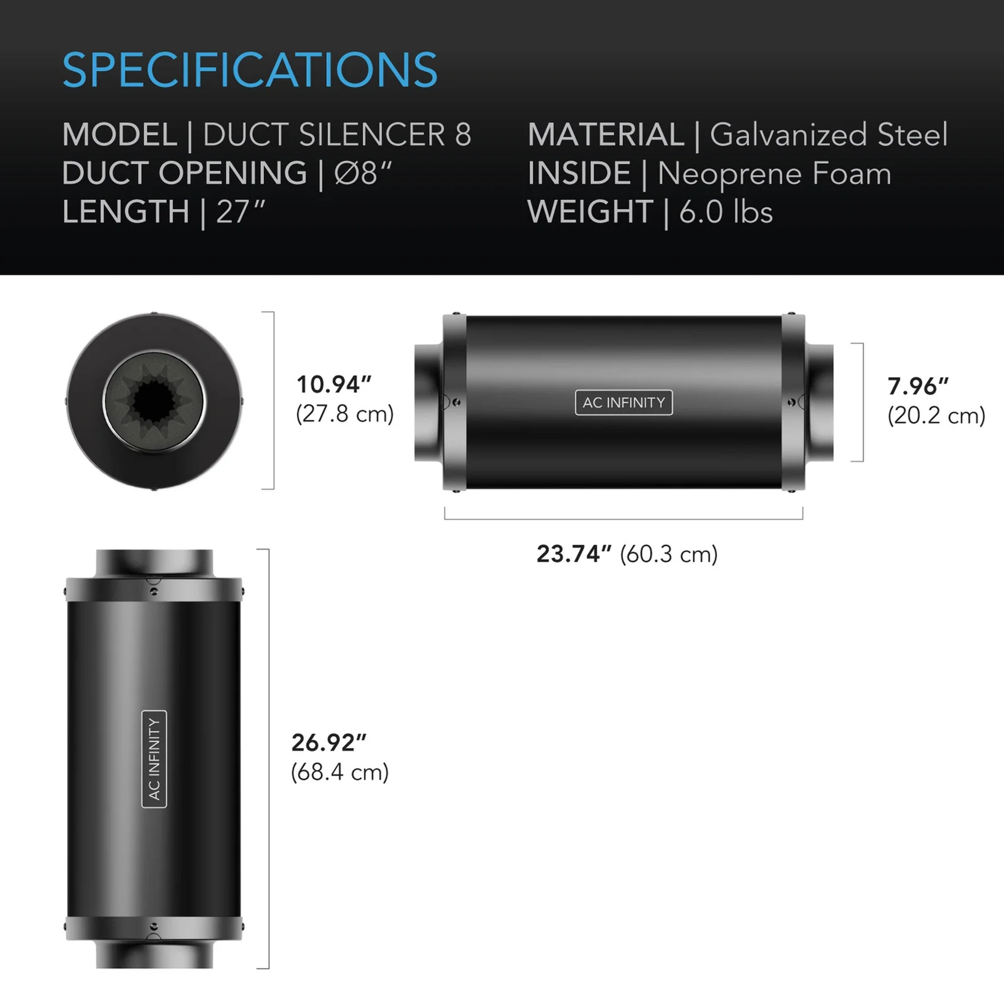 AC Infinity Inline Fan Silencer 200mm — Specifications