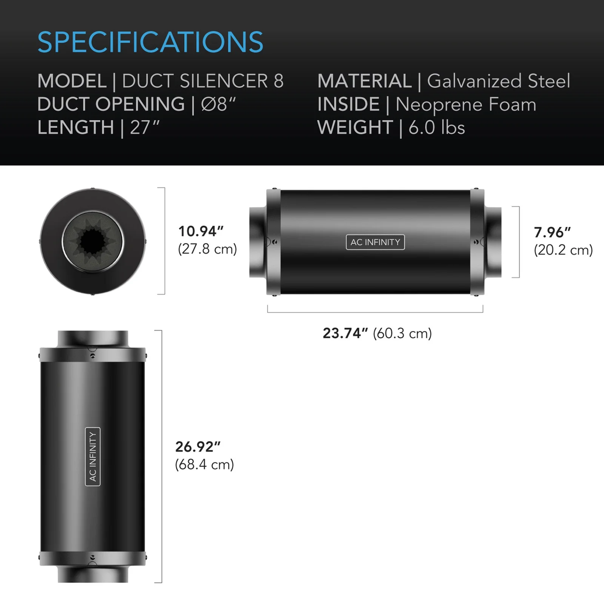 AC Infinity Inline Fan Silencer 200mm — Specifications