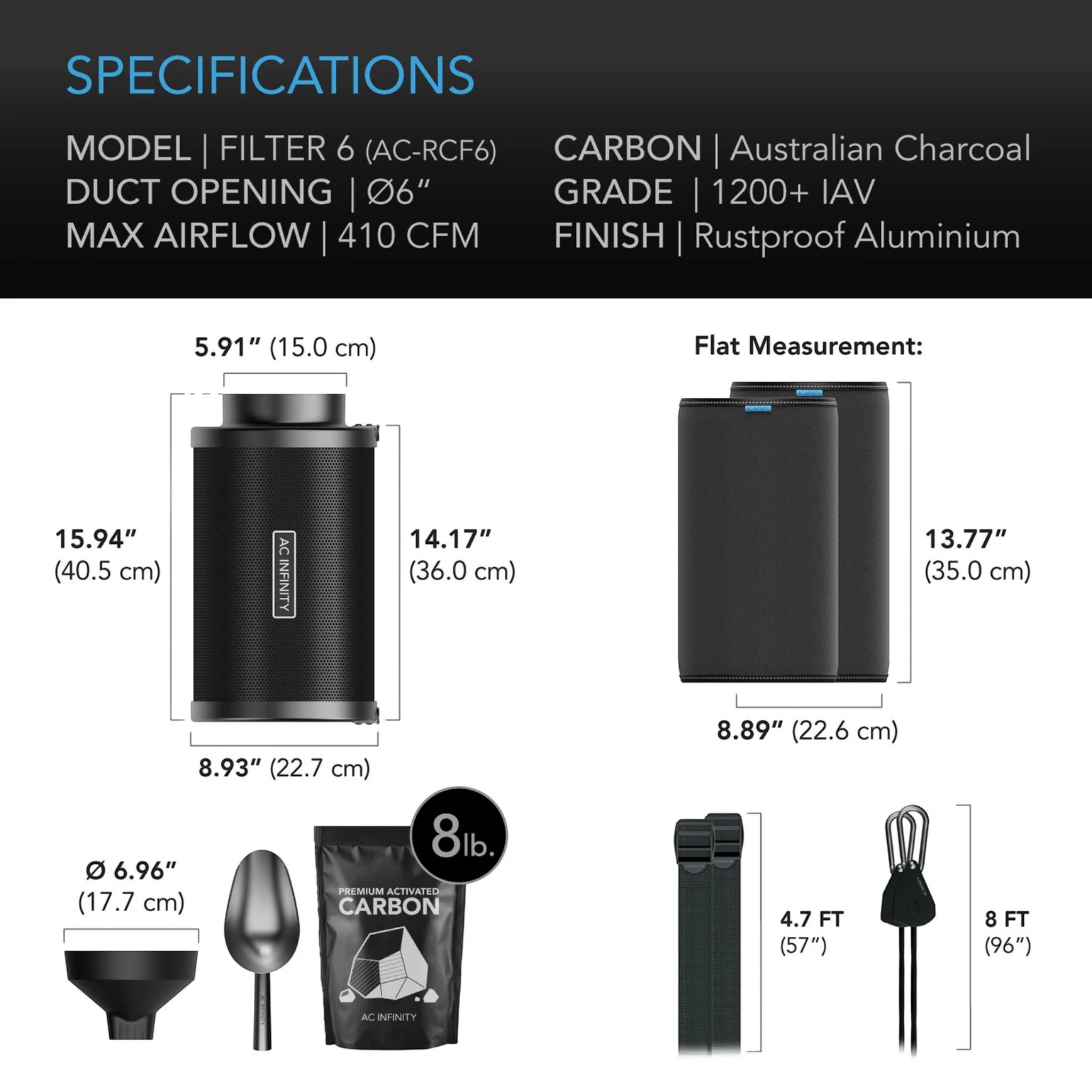 AC Infinity Refillable Carbon Filter 150mm Specifications