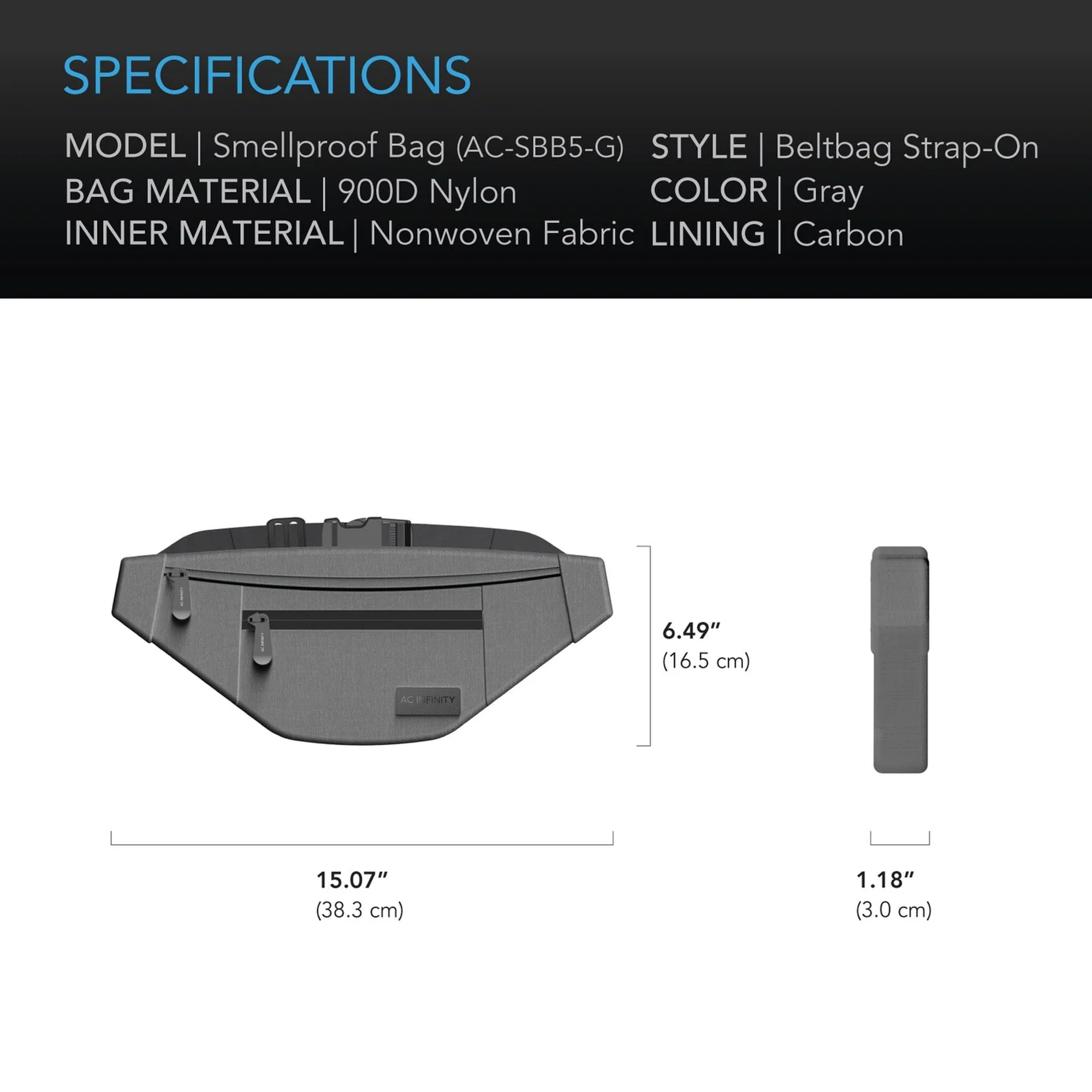AC Infinity Smell Proof Bag Belt Bag — Specification Grey
