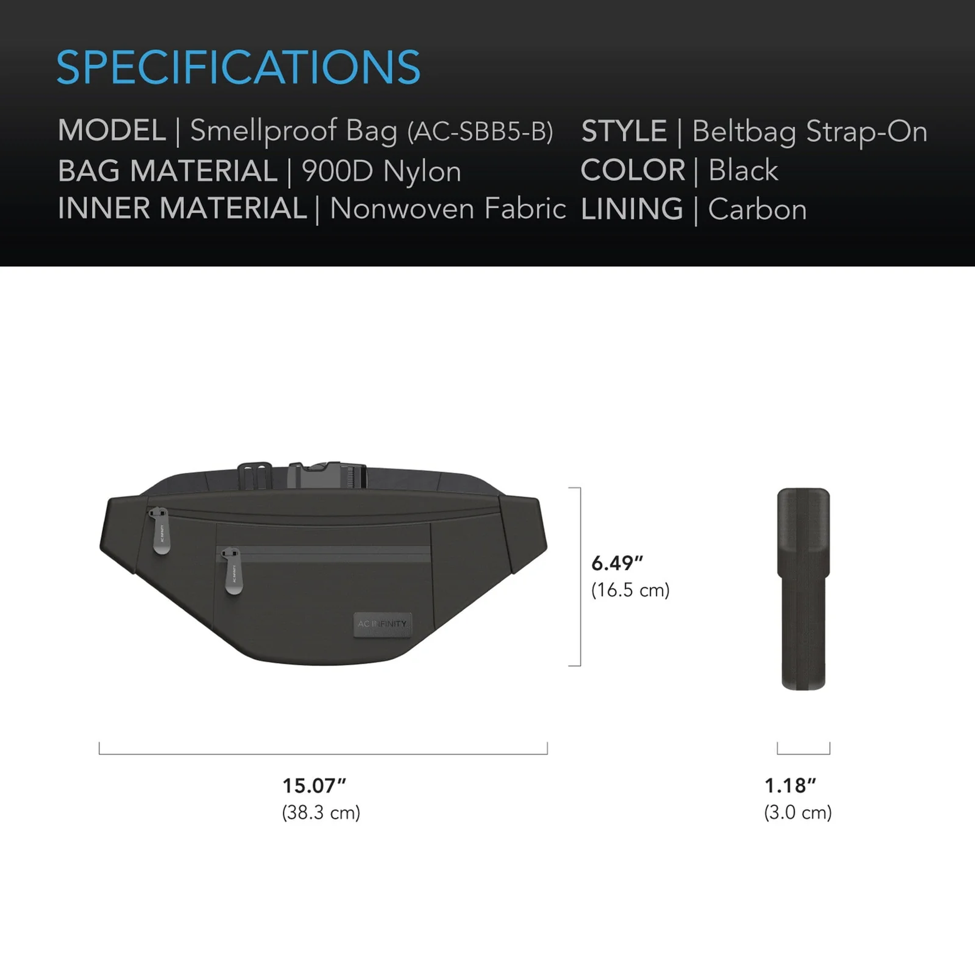 AC Infinity Smell Proof Bag Belt Bag — Specifications — Black