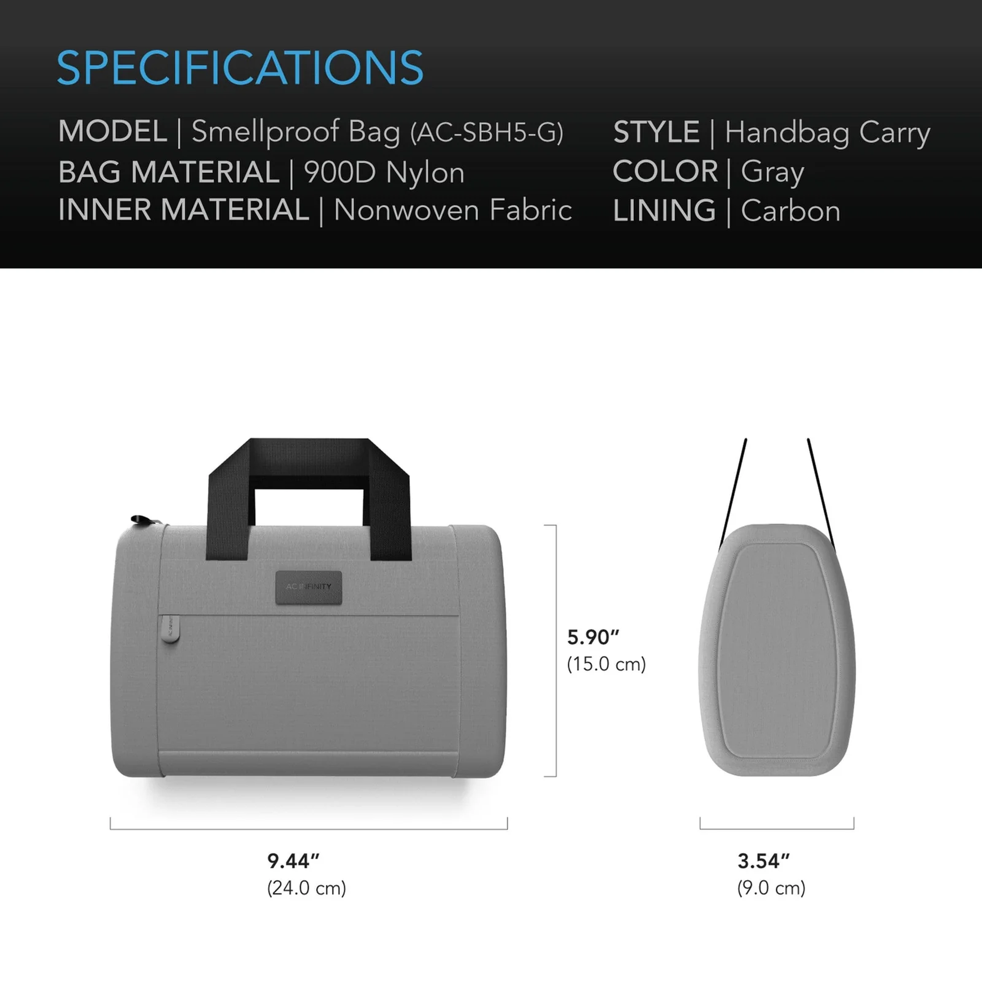 AC Infinity Smell Proof Bag Handbag — Specifications
