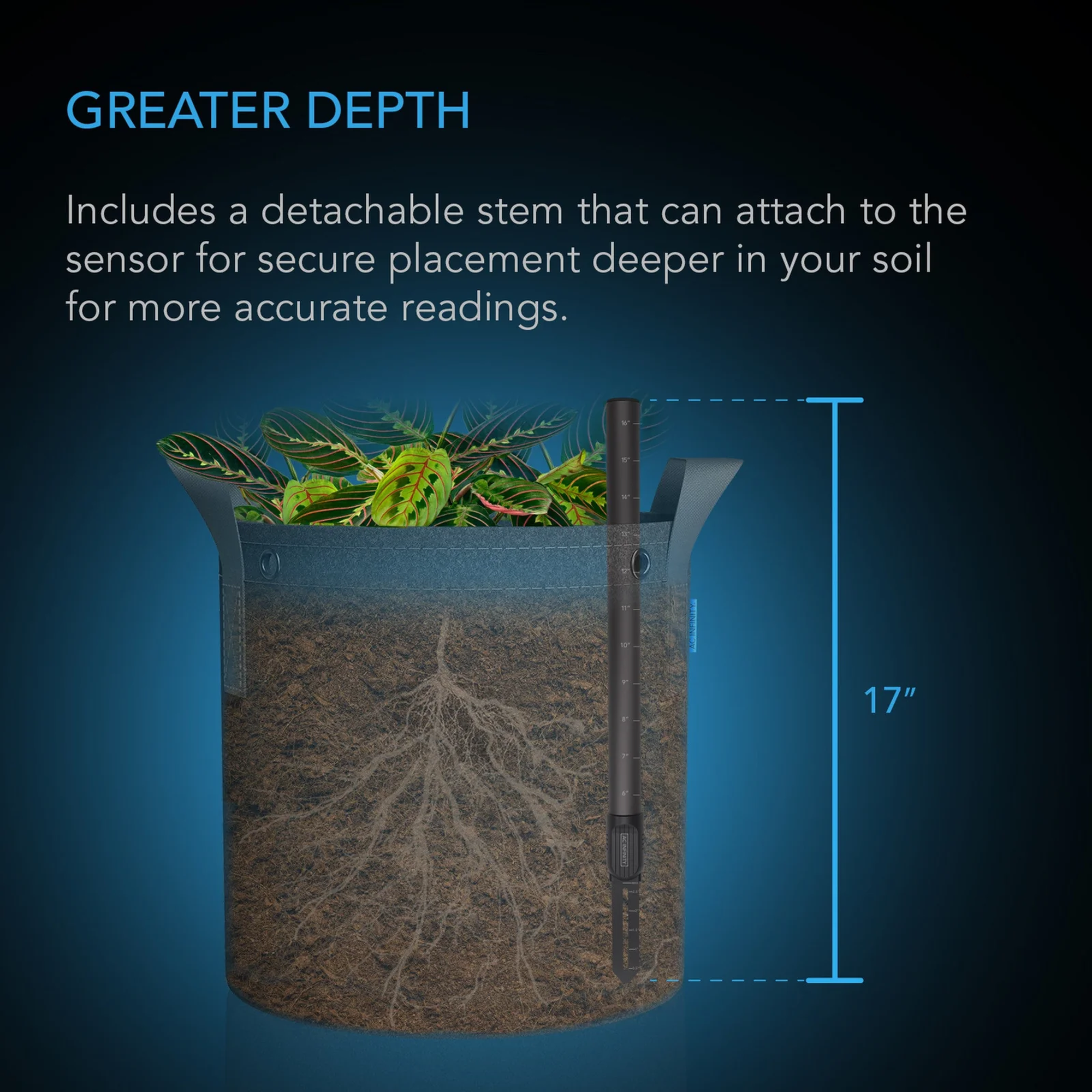 AC Infinity Soil Sensor Probe greater depth — detachable stem places the sensor deeper in the medium