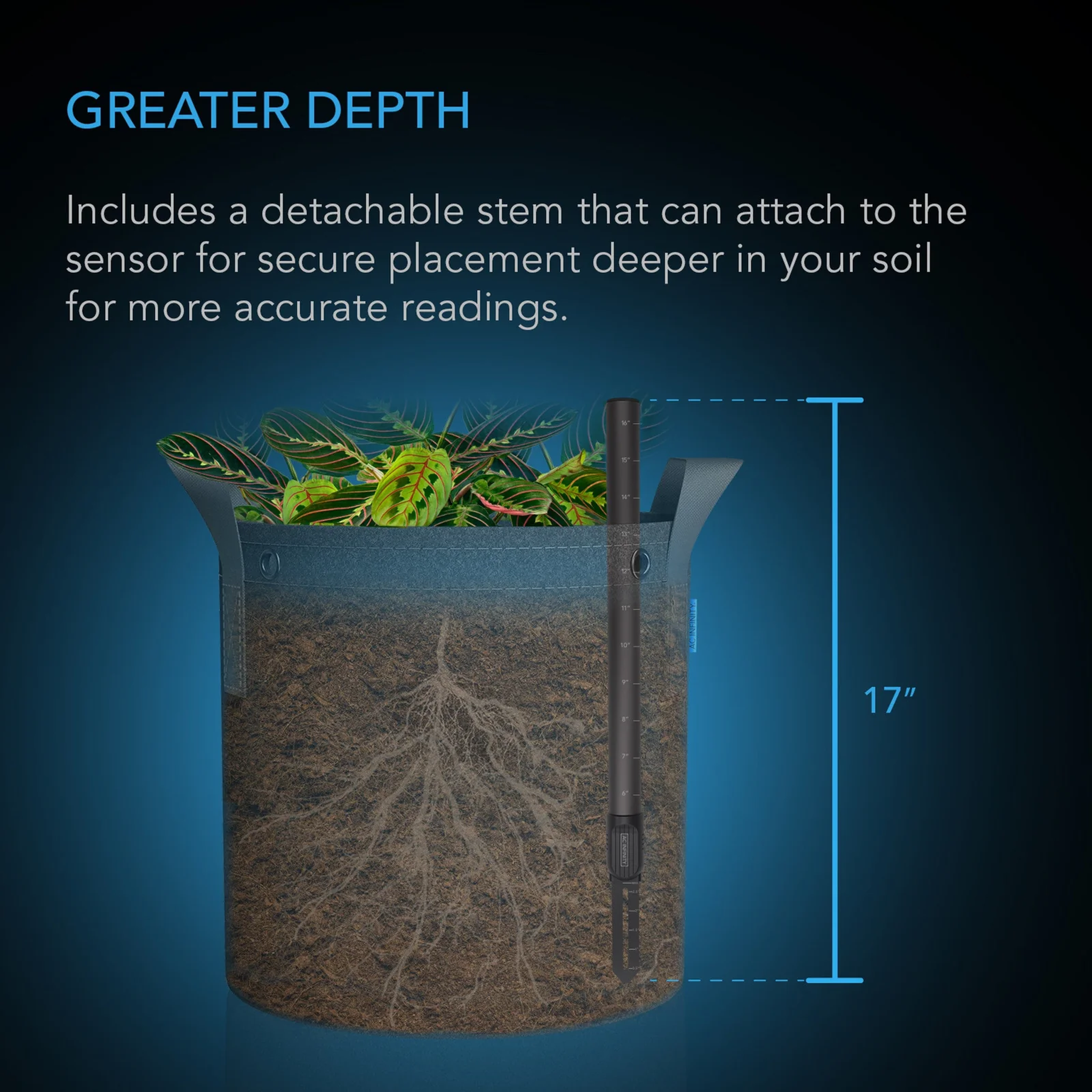 AC Infinity Soil Sensor Probe greater depth — detachable stem places the sensor deeper in the medium