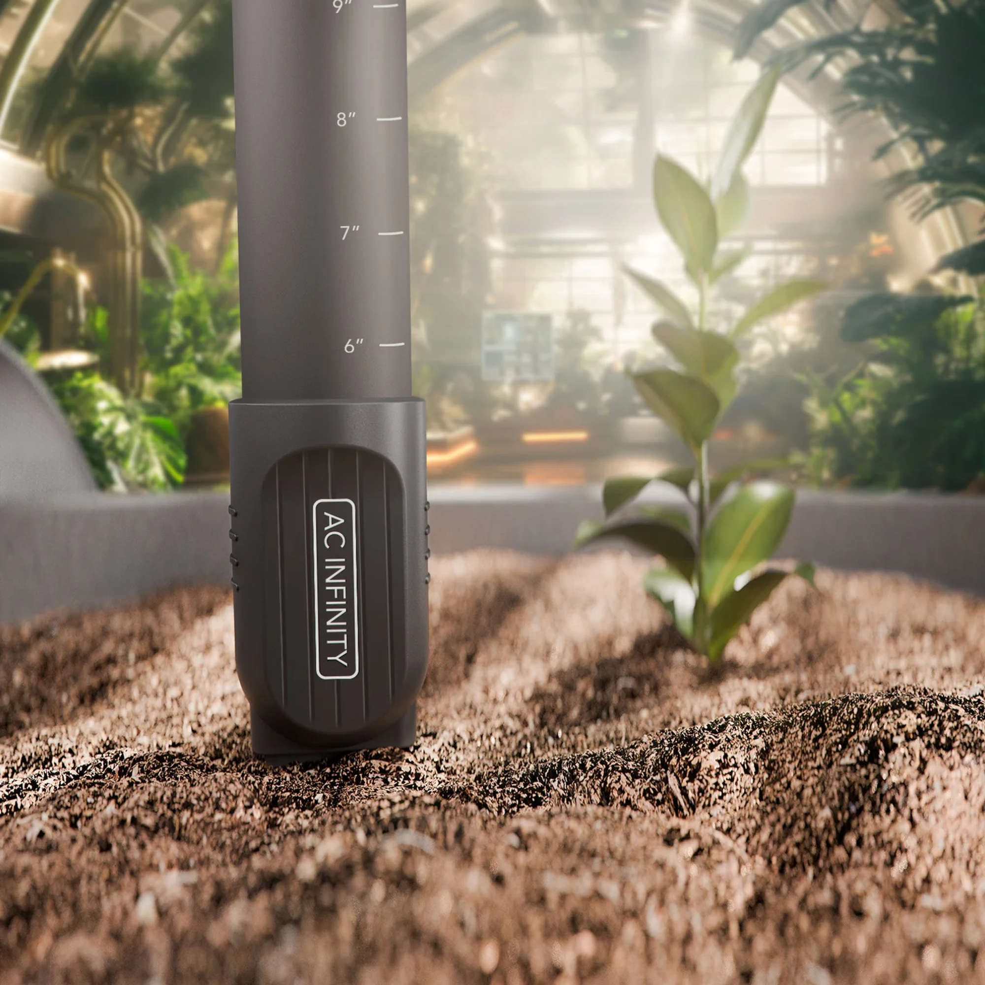 AC Infinity Soil Sensor Probe in use — installed at root depth in a fabric pot