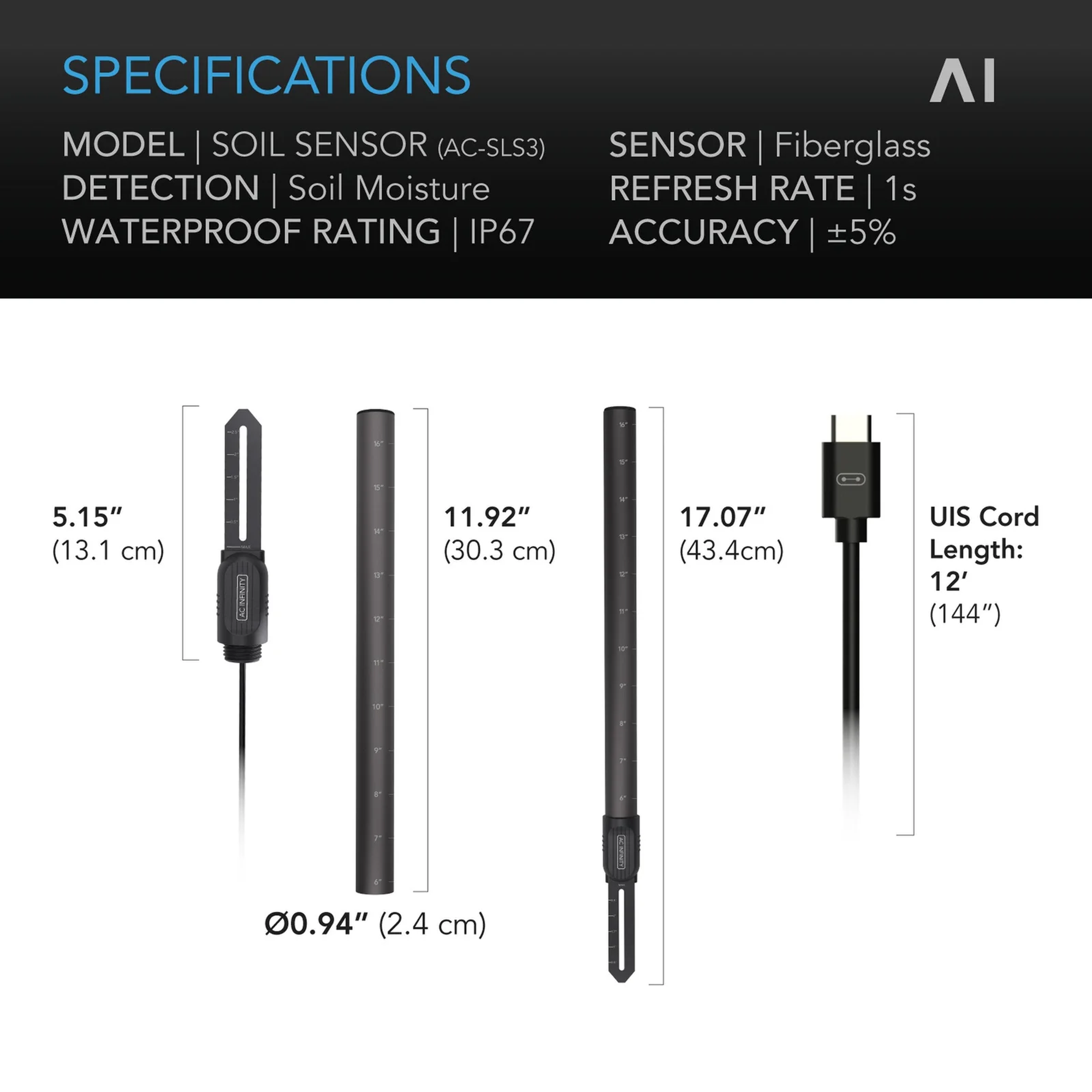 AC Infinity Soil Sensor Probe specifications — dimensions, IP67 rating, ±5% accuracy and UIS cord length