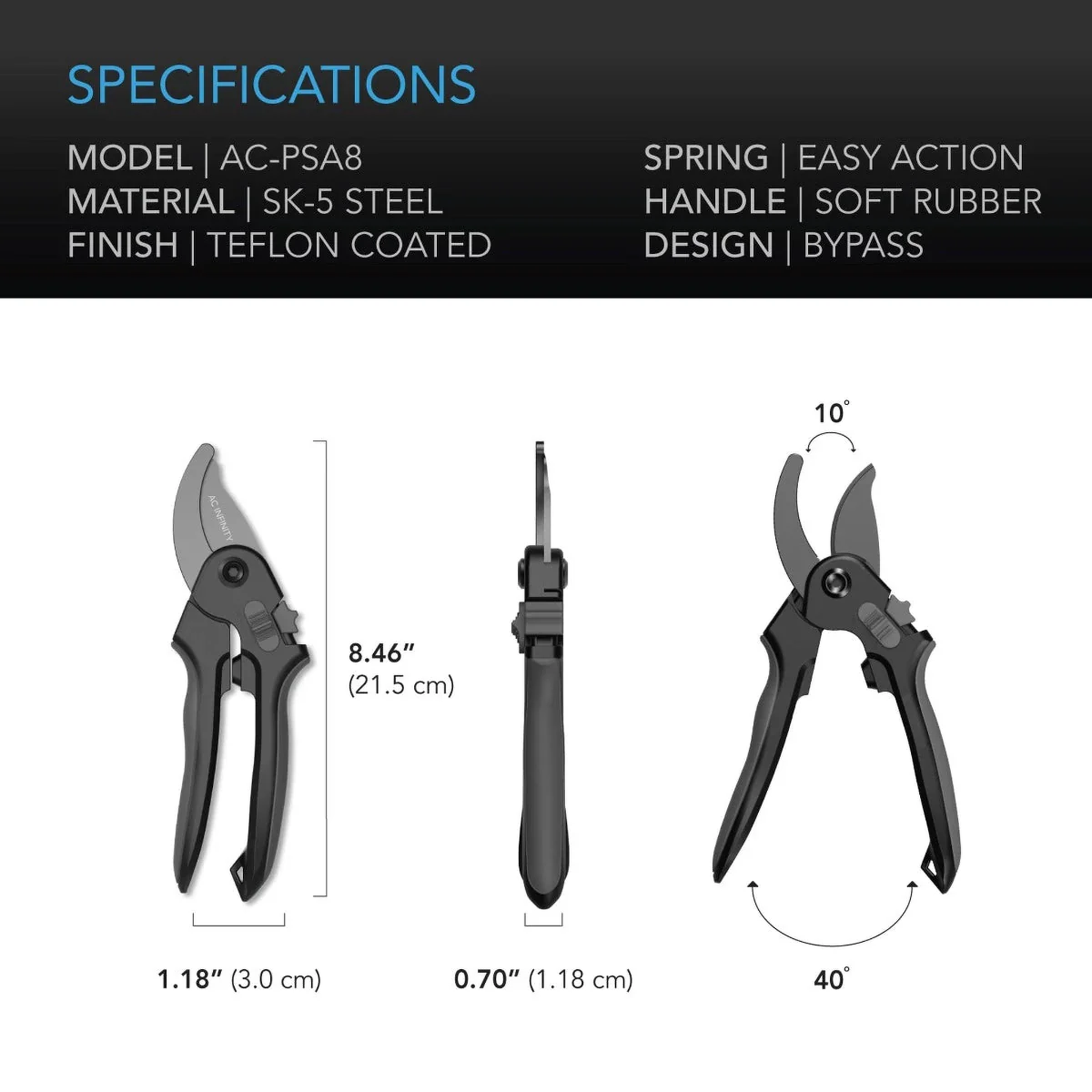 AC Infinity Stainless Steel Bypass Secateurs — Specifications