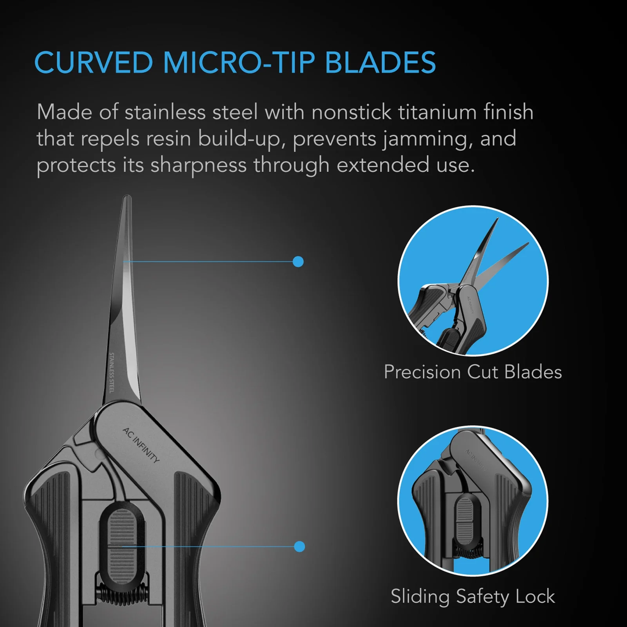AC Infinity Stainless Steel Pruning Shears — Curved Micro-Tip Blades