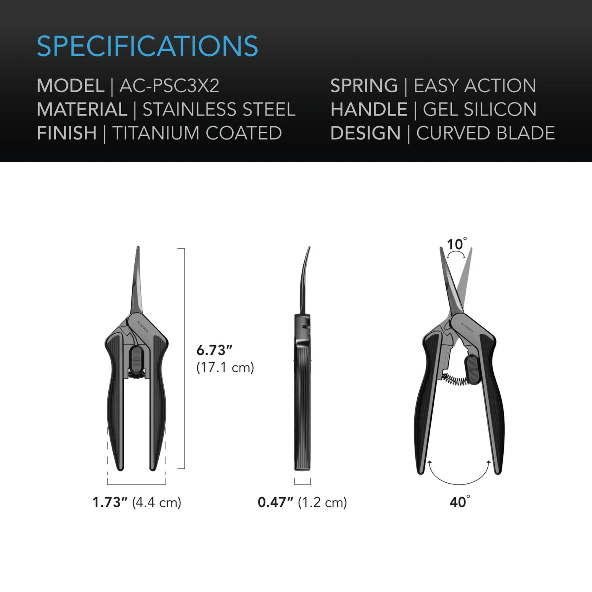 AC Infinity Stainless Steel Pruning Shears Curved — Specifications