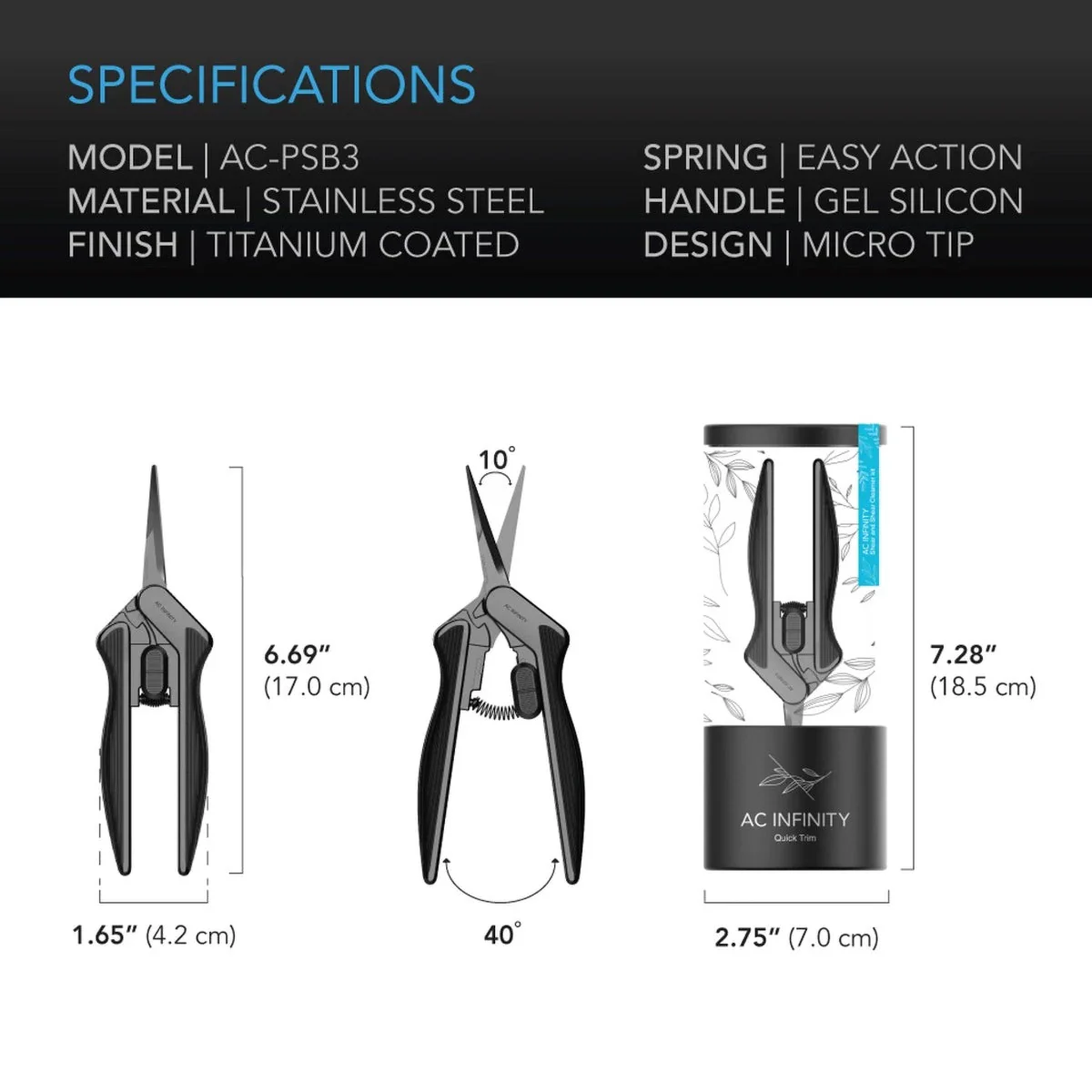 AC Infinity Stainless Steel Pruning Shears Straight + Cleaning Kit — Specifications