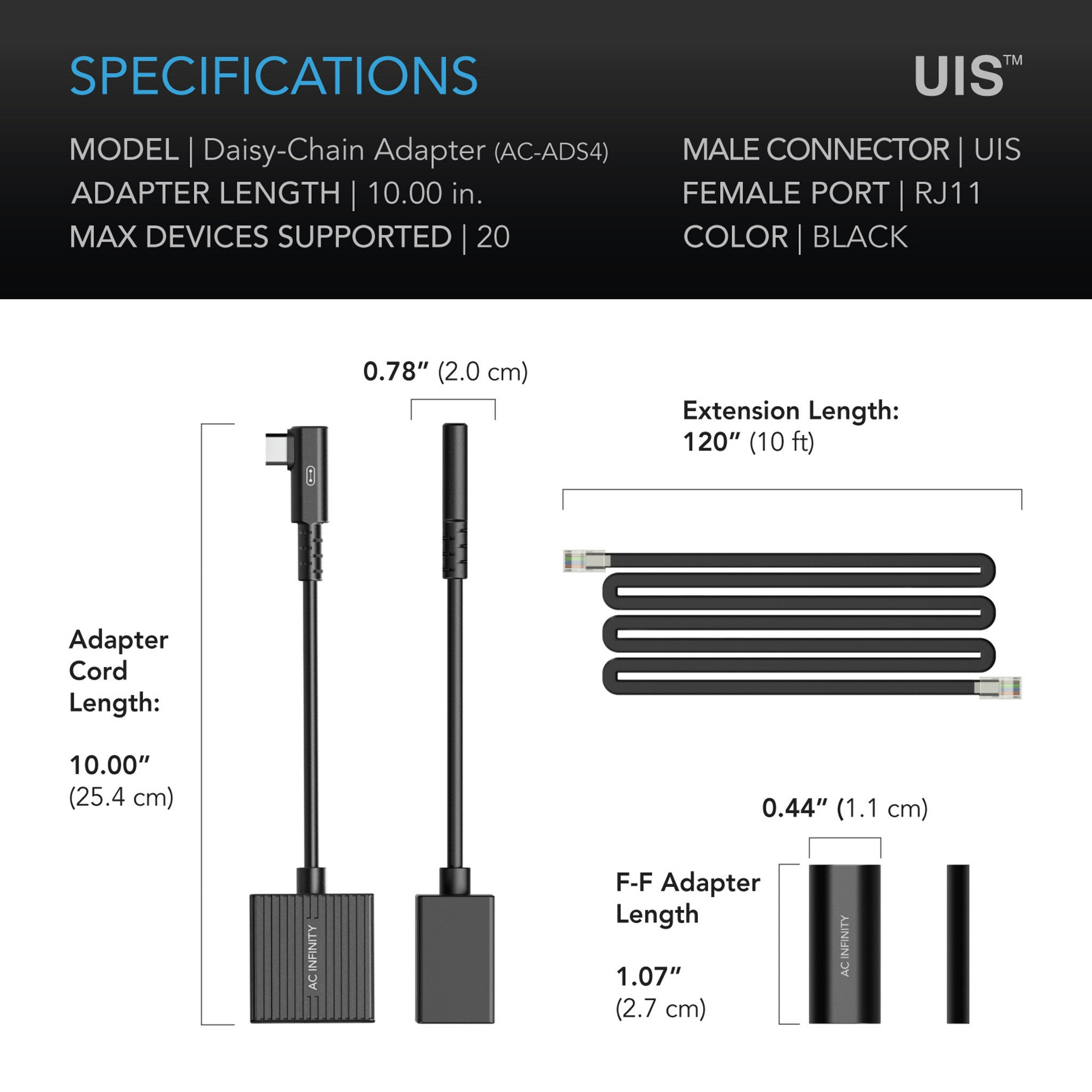 AC Infinity UIS Lighting Daisy-Chain Adapter Dongle - UIS to RJ11 — Specifications