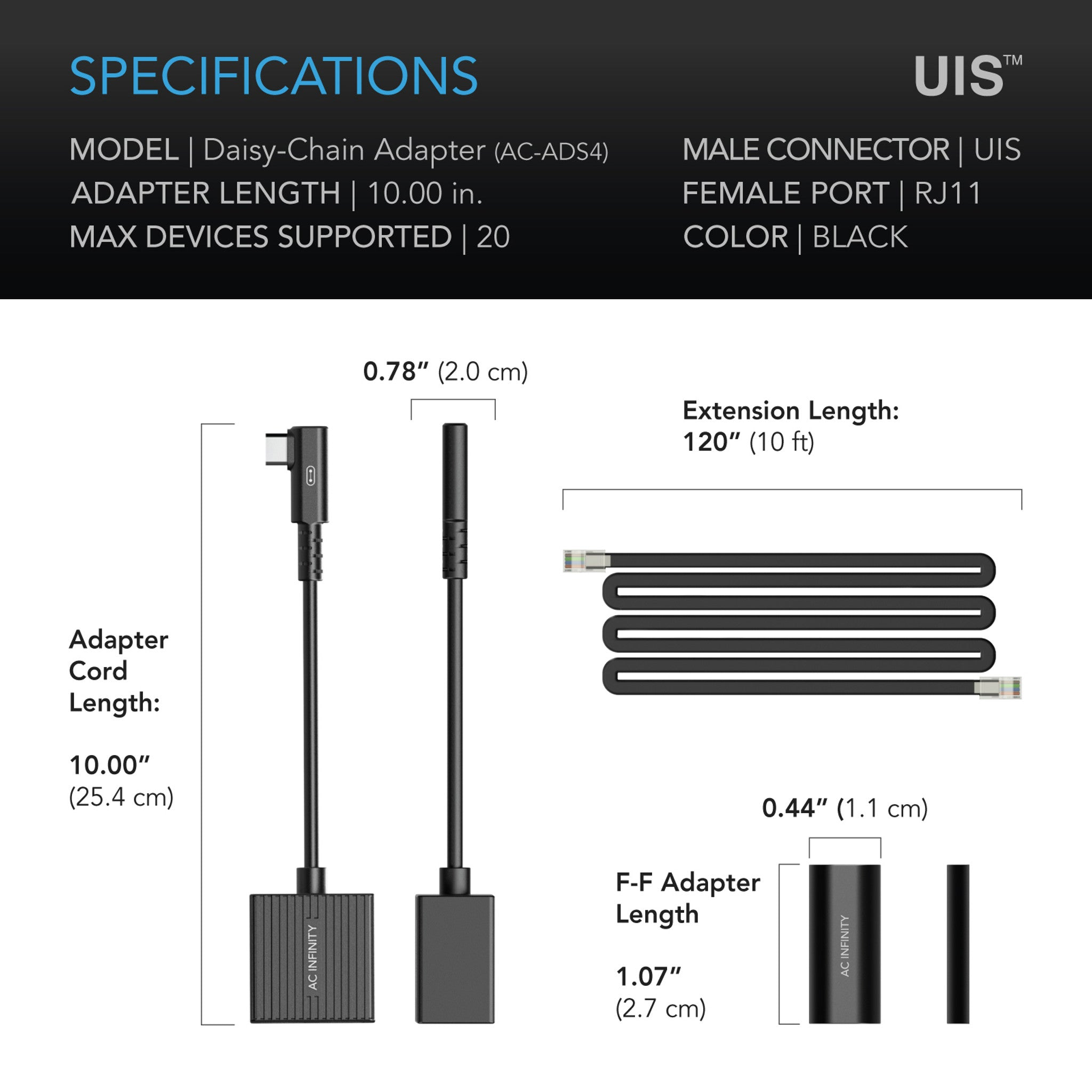 AC Infinity UIS Lighting Daisy-Chain Adapter Dongle - UIS to RJ11 — Specifications