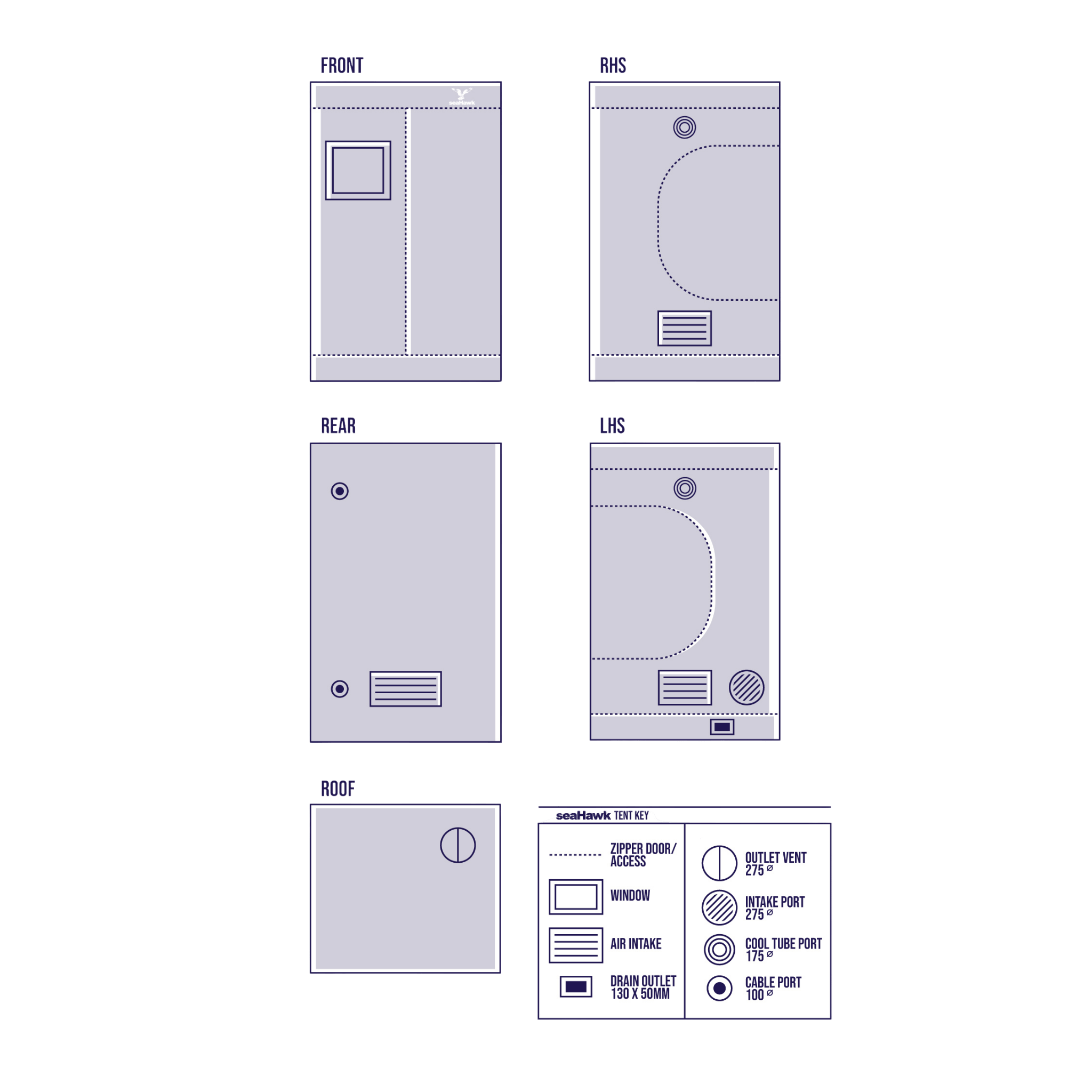 SeaHawk 1.0 x 1.0 x 2.0 m Grow Tent - Diagram
