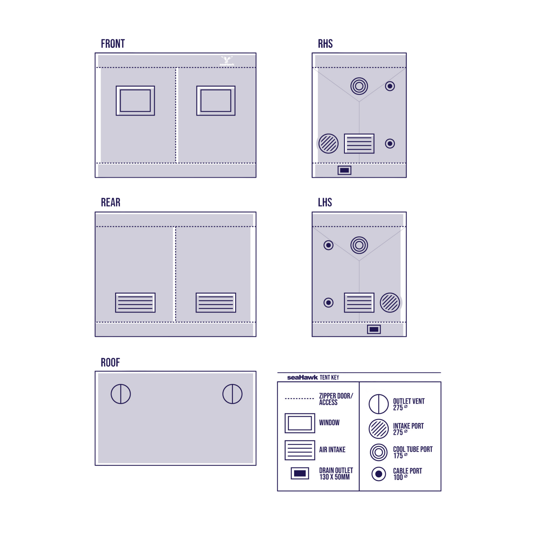 SeaHawk 2.4 x 1.2 x 2.0 m Grow Tent - Diagram